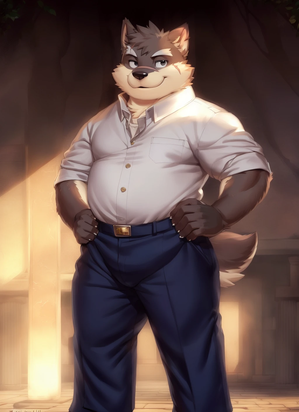 <lora:moritaka-08:0.9>, moritaka, solo, bara, (plump), fat, (pose), (posing)(soft shading), 4k, hi res, ((detailed face, detailed eyes, detailed)), (full body), by zackarry911, by zaush, (by personalami:0.5), solo, looking at viewer, smile, shirt, 1boy, school uniform, male focus, thighs, temple, dojo, gakuran,