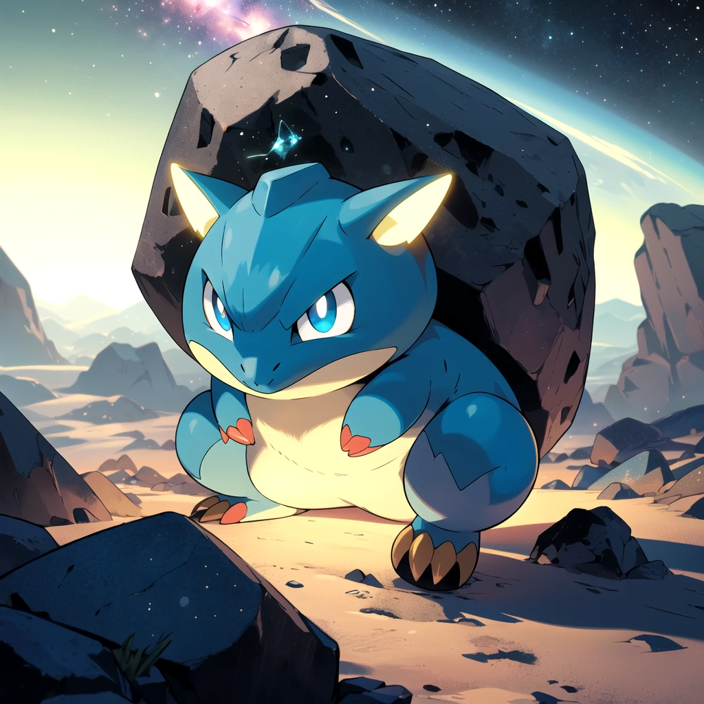 highres, masterpiece, sugimori ken \(style\), pokemon \(creature\), picture of a rock type pokemon made of meteorite rock and shiny space rock, stardust, glowing, at night, no mouth, glowing tail, blue eyes