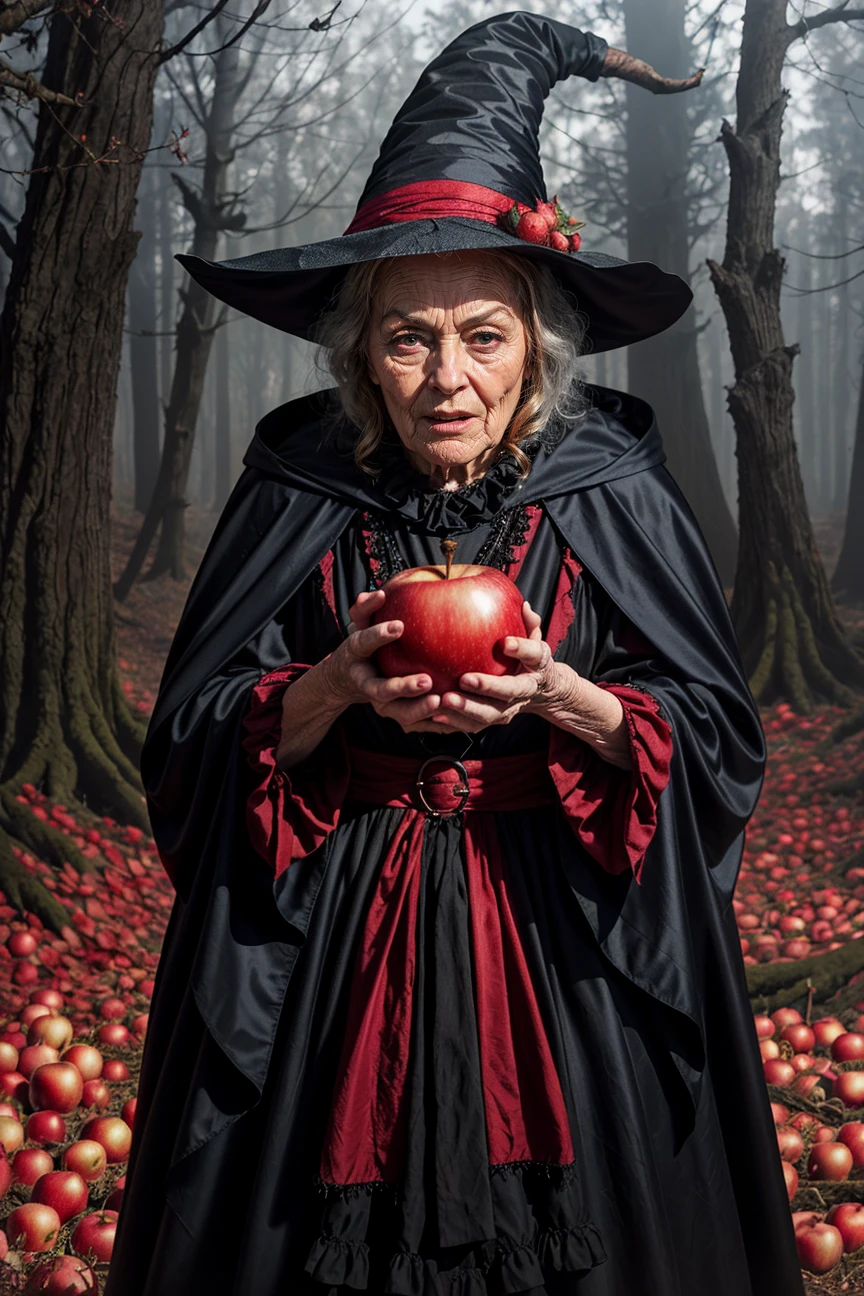 photo RAW,(close-up an old ugly evil [grandmother|monster] in a witch's hat stands in the forest, holds a (one red apple) in her hand,blcak hair,scull fabric coat), masterpiece, award winning photography, lighting, perfect composition, high detail, hyper realistic,dramatic lighting, epic