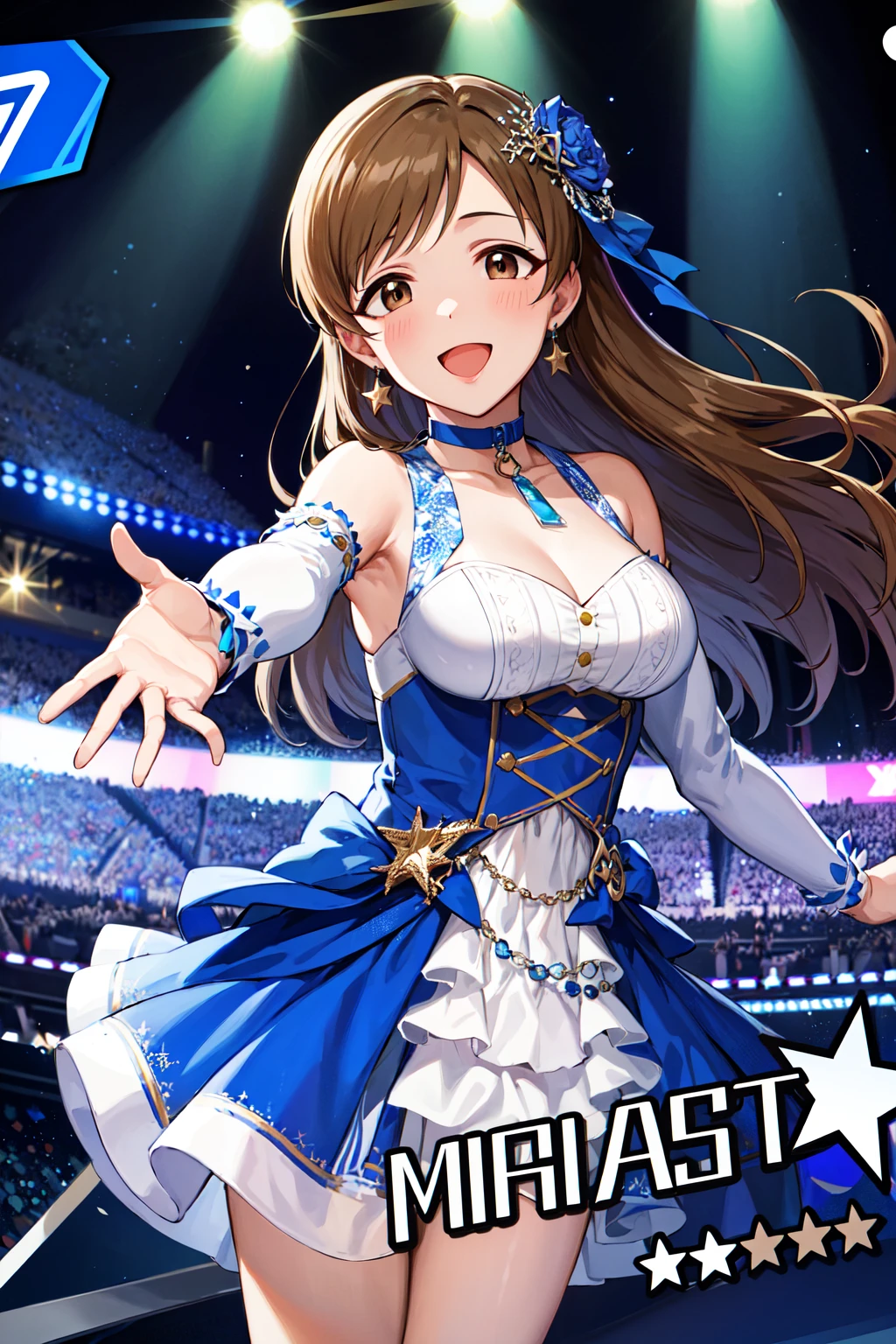 masterpiece, best quality, highres, aanitta, long hair, hair ornament, medium breasts, earrings, blue choker, idol clothes, blue dress, bare shoulders, sleeveless, wrist cuffs, detached sleeves, idolmaster, <lora:nitta_minami_v1:0.7>,  smile, open mouth, stage, standing, reaching out, card parody, star \(symbol\), character name, gem \(symbol\),