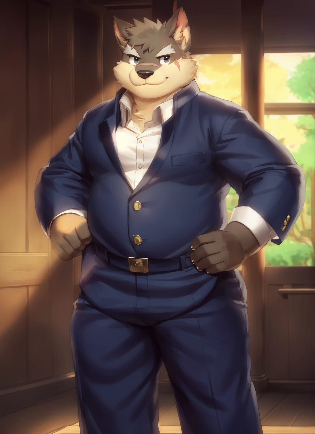 <lora:moritaka-08:0.9>, moritaka, solo, bara, (plump), fat, (pose), (posing)(soft shading), 4k, hi res, ((detailed face, detailed eyes, detailed)), (full body), by zackarry911, by zaush, (by personalami:0.5), solo, looking at viewer, smile, shirt, 1boy, school uniform, male focus, thighs, temple, dojo, gakuran,