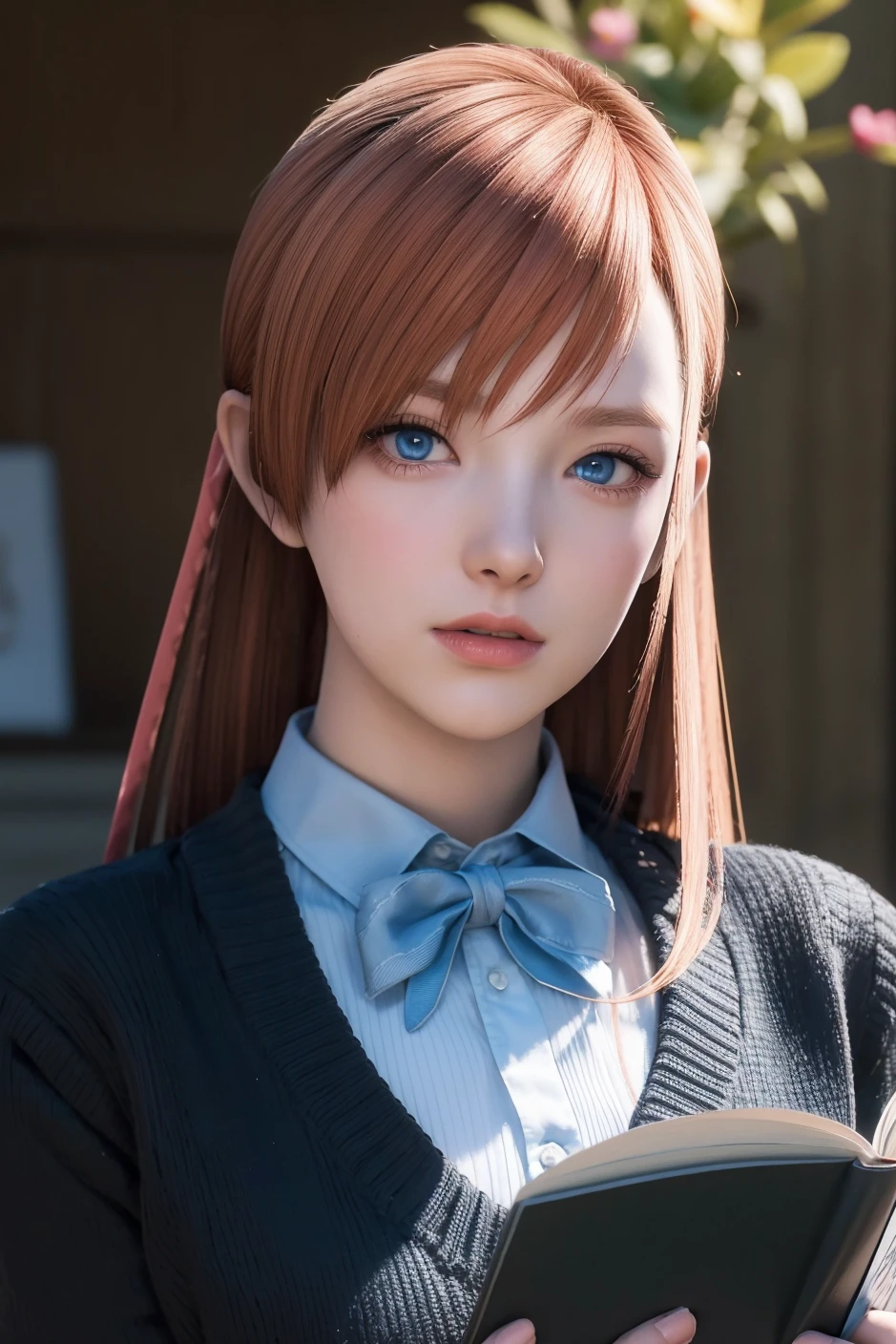 (8k, RAW photo, best quality, masterpiece:1.2), (masterpiece),(best quality:1.3),(ultra detailed:1.2),(highres:1.1), (extremely detailed CG), best quality, ultra-detailed, beautiful, , {{{1 girl}}}, sweating,(blue_eyes:1.3),make up, ryen, looking at viewer, orange hair, long hair, detailed eyes,school uniform,bowtie, naughty face,,, shiny skin, looking at viewer,, depth of field, reading, <lora:ryne_20230709051211:0.7>