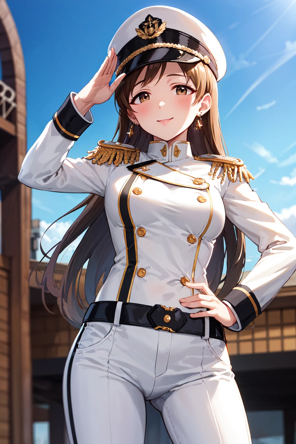 masterpiece, best quality, highres, aanitta, long hair, peaked cap, earrings, medium breasts, military uniform, epaulettes, (white shirt:1.2), white sleeves, long sleeves, white pants, idolmaster, <lora:nitta_minami_v1:0.7>, cowboy shot, standing, outdoors, salute, hand on hip, smile