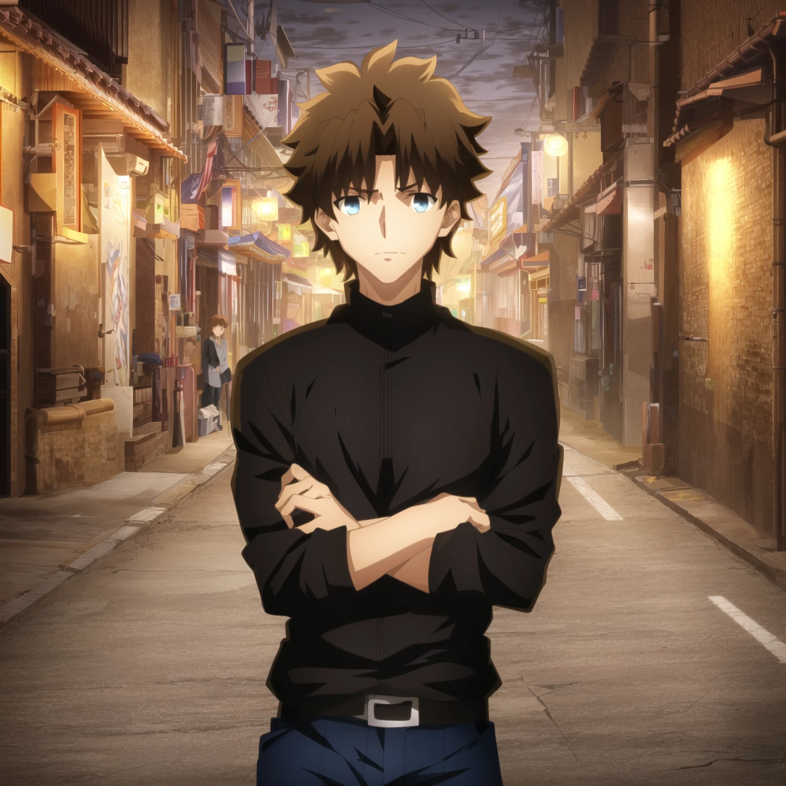 ufotable style, upper body, street, night, dim light, messy hair, 1boy, brown hair, blue eyes, smirk, white shirt
<lyco:ufotable_style_lycoris_v3:1.0>