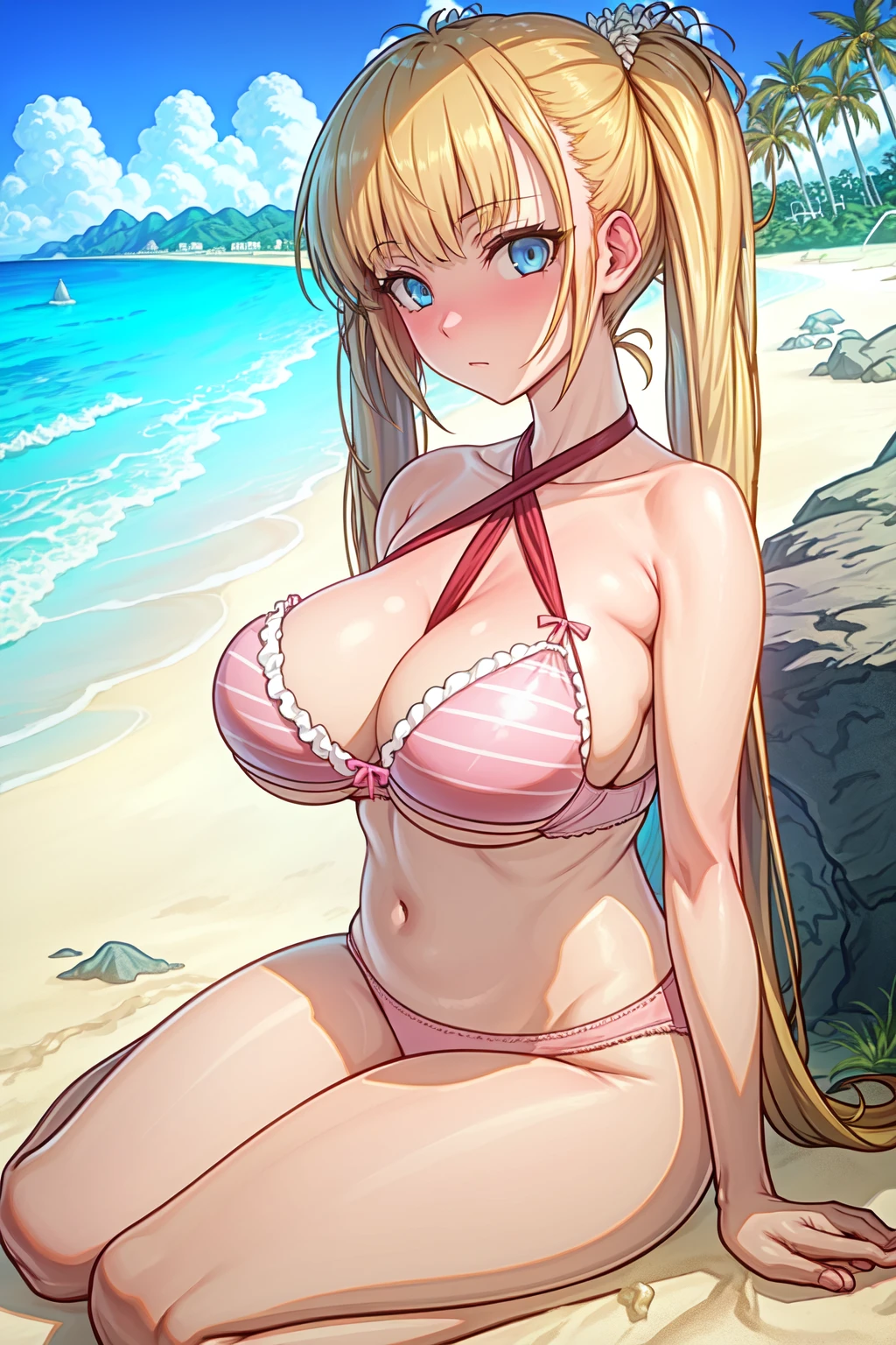 1girl, solo, upper body, sitting, seiza,
blonde hair, long hair, twintails,
blue eyes, looking at viewer, blush,
large breasts, 
pink panties, pink bra,
outdoors, (beach:1.2), sand, water, waves, palms, nature, flowers, plants, rocks,
 <lora:shobon:1>