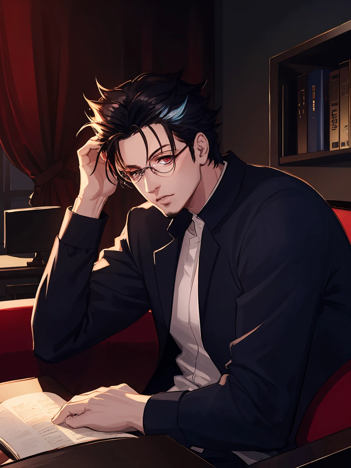 masterpiece,best quality,highres,cinematic lighting,dramatic angle,<lora:ShadowverseBelphomet:0.8>,1man,black hair,glasses, heterochromia,blue eyes,red eyes,mask,one eye covered,white shirt,sitting on sofa,tired,looking at viewer,matured