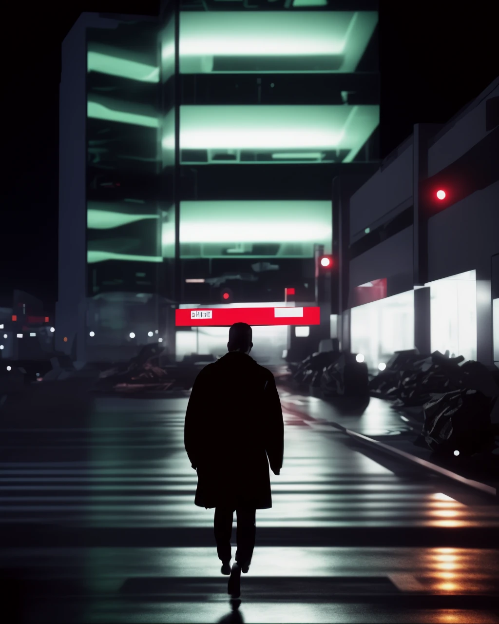 a person walking down a street at night