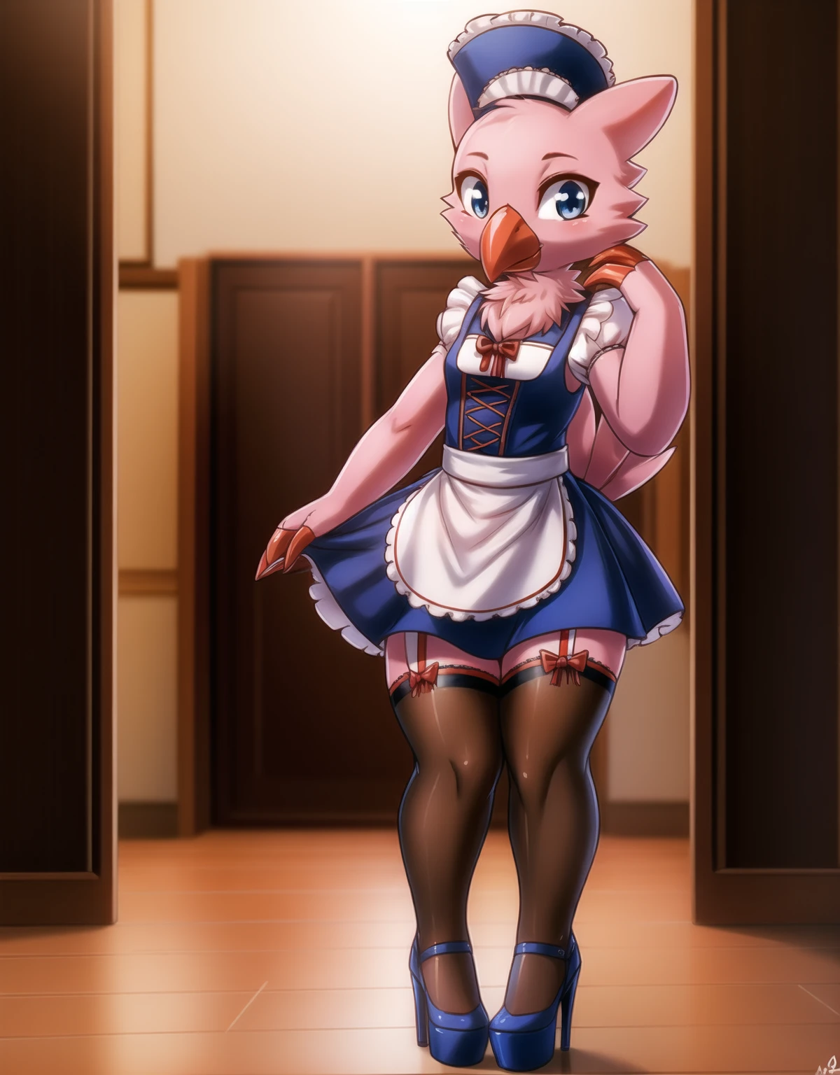 (by  photonoko:0.5) (by Arthur Lismer:0.6), (by chunie:0.4) by avante92, 
BREAK
(anime:1.2)
solo,female,(biyomon:0.7), beak, (avian:0.9), pink, feathers, pink body, rito, tail feathers,  blue markings, cute, (maid uniform, high heels,pantyhose:1.2)
detailed background, cinematic lighting, (artistic, tastefull:1.2),
8k hd, photo, <lora:add_detail:0.5>, depth of field,  <lora:Biyomon_pm_v1-000001:0.85>