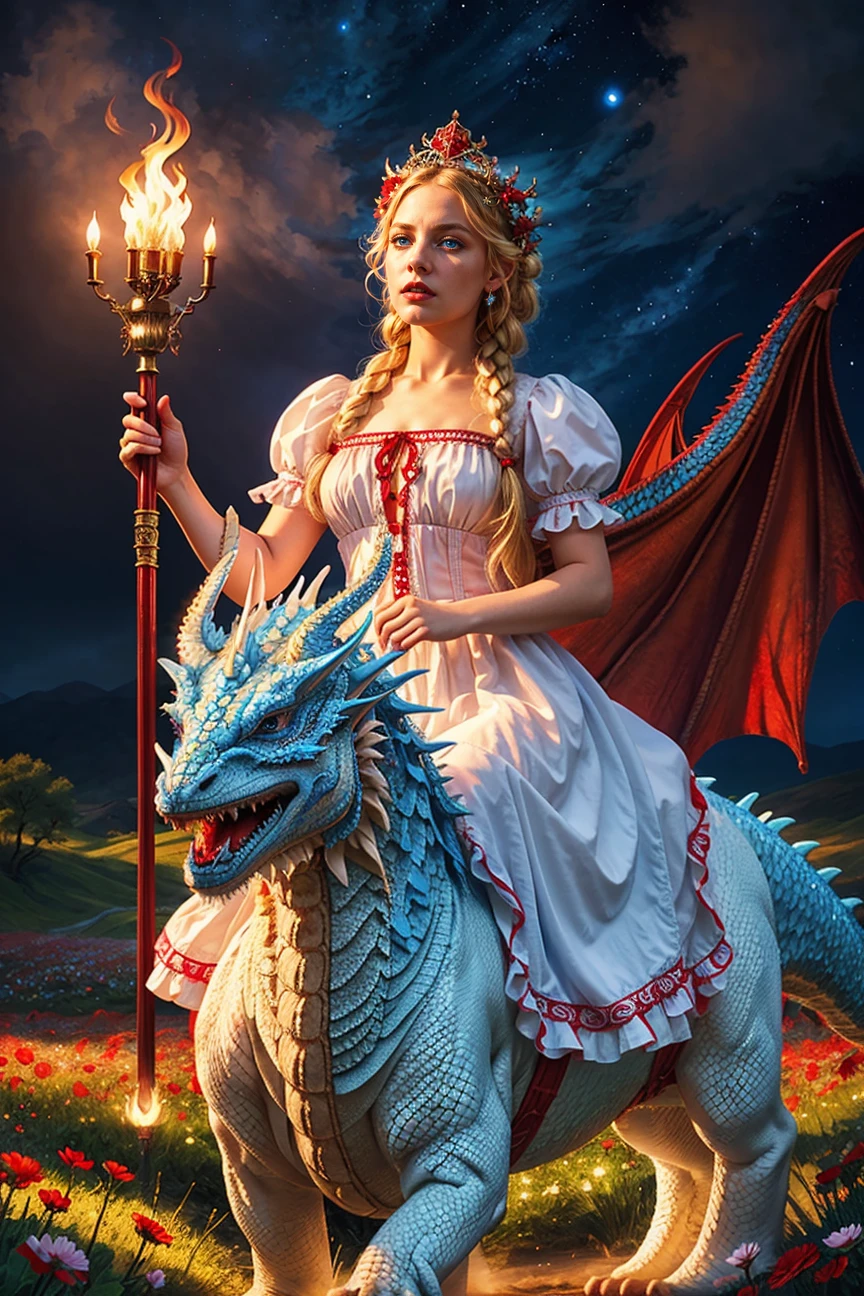 photo RAW,(beautiful girl,blue eyes, white dress with red ornate frills, (riding on a demon dragon:1.1) on flowers field,braid, kokoshnik headwear with glowing star symbol, handsome, floating long wave blonde hair, red lips,wearing fantasy clothing, flame torch), masterpiece, award winning photography, lighting, perfect composition, high detail, hyper realistic,dramatic lighting, epic