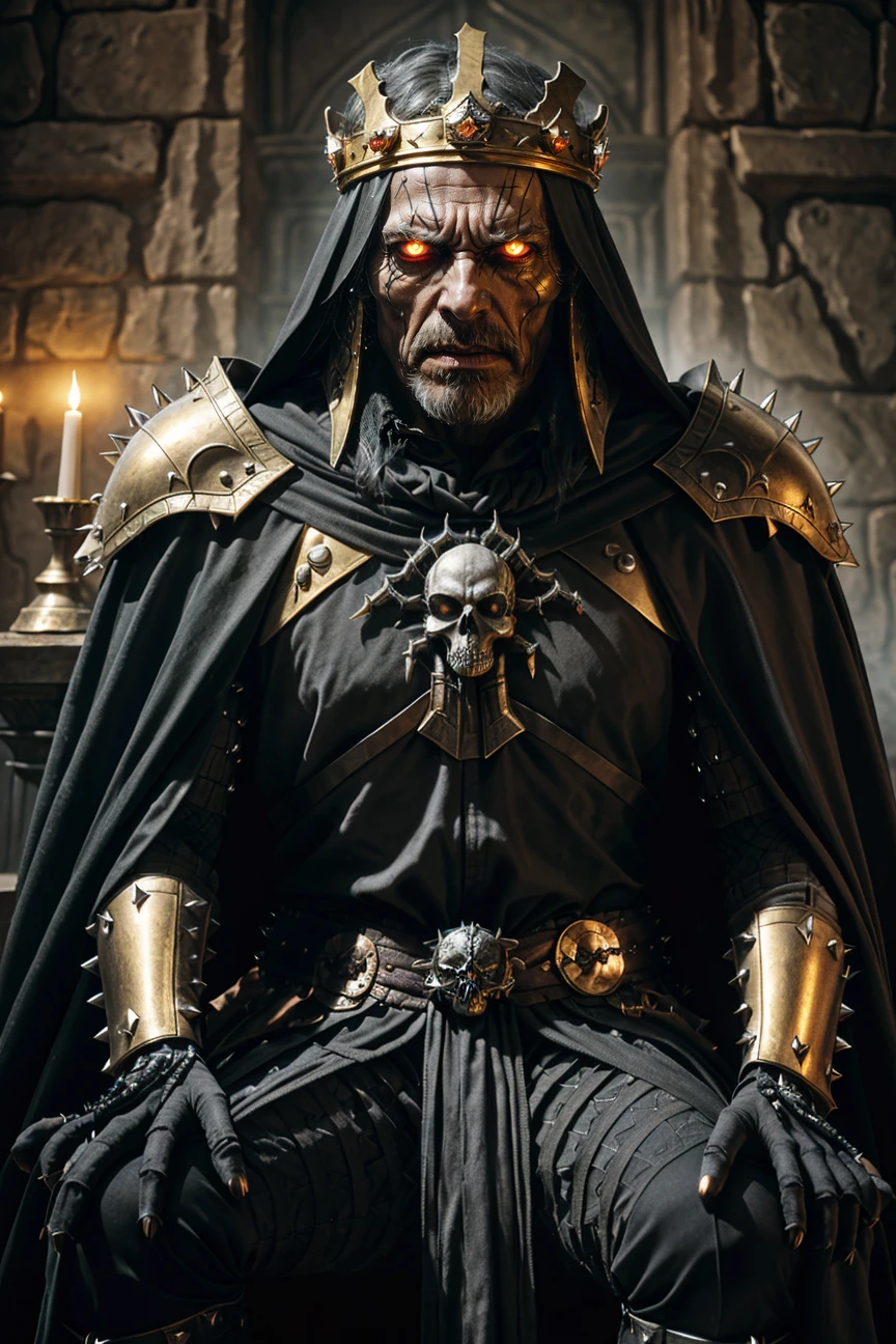 photo RAW,(close-up angry male, old undead in black skull armor, torn cape, spiked crown, dark fantasy, dark atmosphere, sitting on thron in gold vault castle indoors, spider web), masterpiece, award winning photography, lighting, perfect composition, high detail, hyper realistic,dramatic lighting, epic