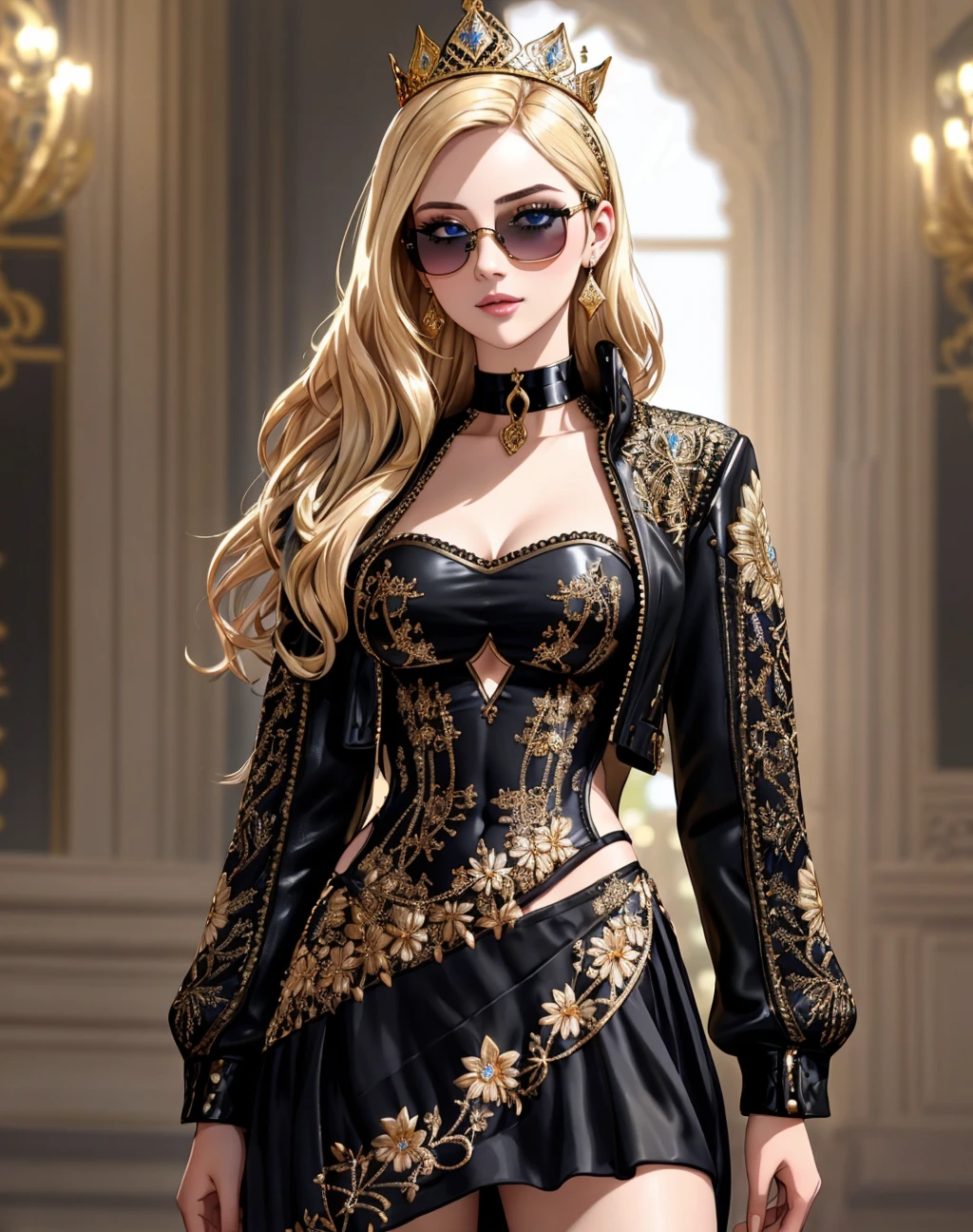Masterpiece, absurdres,HDR,8k,best quality, ((((beautifully detailed eyes and face)))),beautiful blonde Nadia with a choker and sunglasses,Haute_Couture, designer dress, woman wearing a Haute_Couture dress,open front,floral embroidery,front view, crown,jewels,face focus, black leather jacket, golden embroidery,((navel cutout)), short skirt <lora:Haute_Couturev2:0.85> <lora:Nadia_anime:0.35>