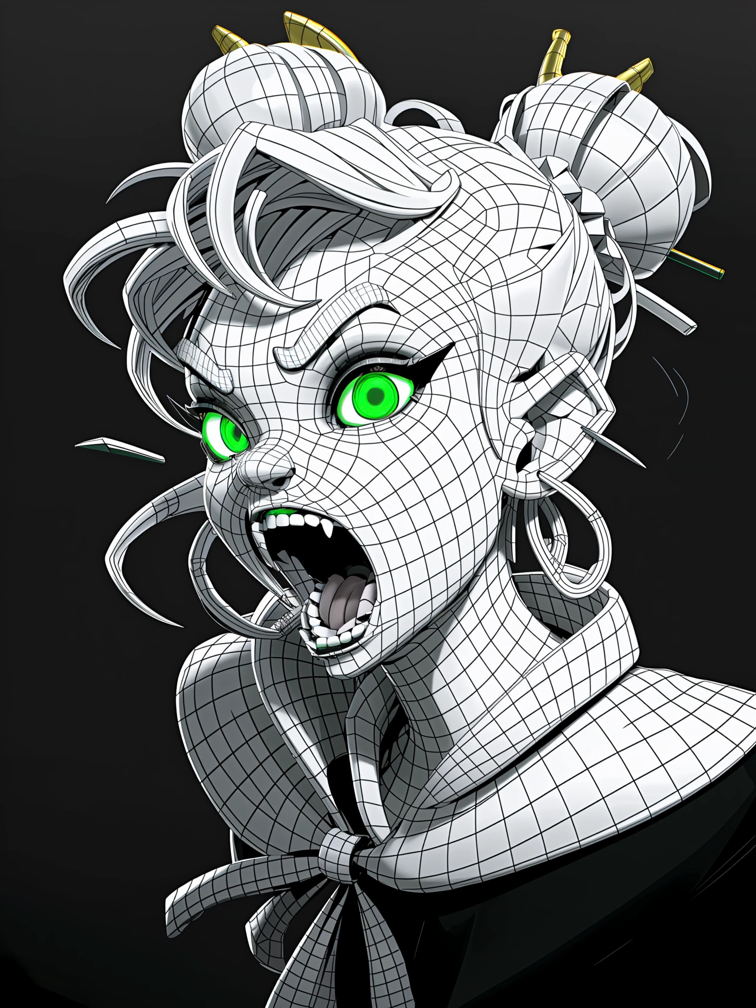 1girl, solo, earrings, jewelry, horns, open mouth, green eyes, hoop earrings, hair stick, hair bun, hair ornament, tongue, fangs, teeth, black background, makeup, simple background， wireframe， monochrome,
<lora:topo_v3_t2i:0.6> 