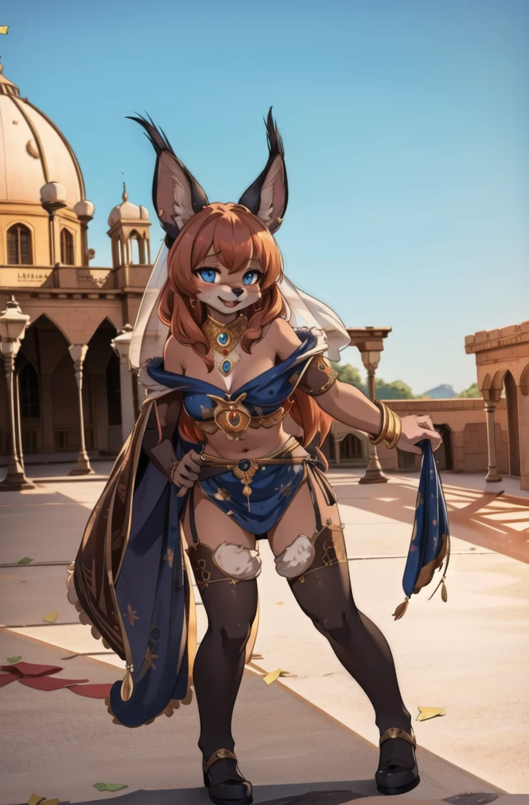 masterpiece, best quality,hdr,8k,furry girl,caracal,ningmao,desrt,arabian palace,(outline:1.2)
solo,(high detail fur:1.2),dynamic angle,8K,game CG,blue sky,dancer,silk veil,jewelry,looking at viewer,
<hypernet:furry_kemono:0.2><lora:Caracal:0.75><lora:EnvyBeautyMix25:0.6> <lora:ankamaV2:0.3>