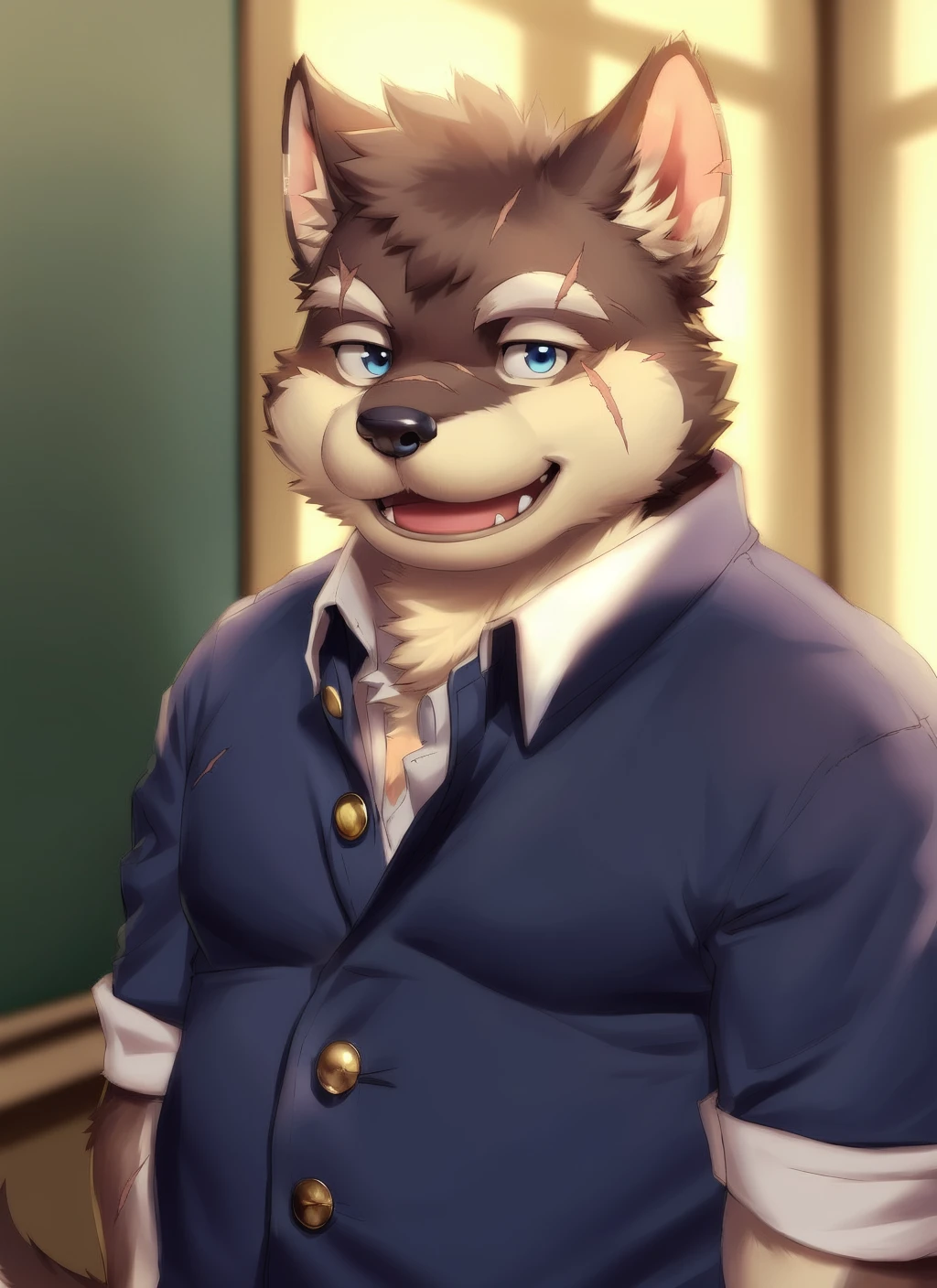 <lora:moritaka-08:0.9>, moritaka, solo, bara, scar, (plump), fat, (pose), (posing), tail, dog tail, (soft shading), 4k, hi res, ((detailed face, detailed eyes, detailed)), (full body), by zackarry911, by zaush, (by personalami:0.5), solo, smile, short hair, open mouth, blue eyes, school uniform, upper body, male focus, fangs, gakuran, scar on nose, fangs out, portait, close-up,