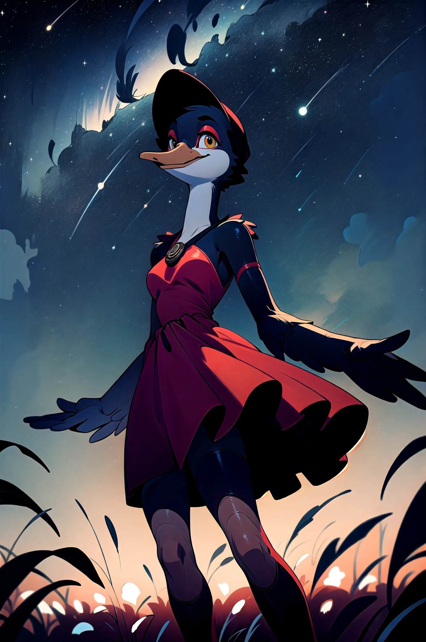 anthro canada goose, webbed feet, winged-arms, female, red dress, outdoors, night, starry sky, looking up, field, ((macro shot)) <lora:Anthro-Birds-v3.5:1>