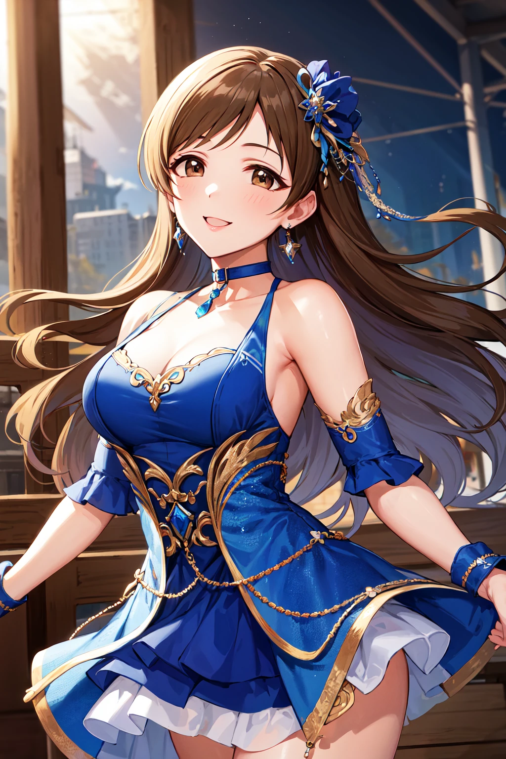 masterpiece, best quality, highres, aanitta, long hair, hair ornament, medium breasts, earrings, blue choker, idol clothes, blue dress, bare shoulders, sleeveless, wrist cuffs, detached sleeves, <lora:nitta_minami_v1:0.7>, smile, standing, cowboy shot, idolmaster, arms at sides, straight-on,