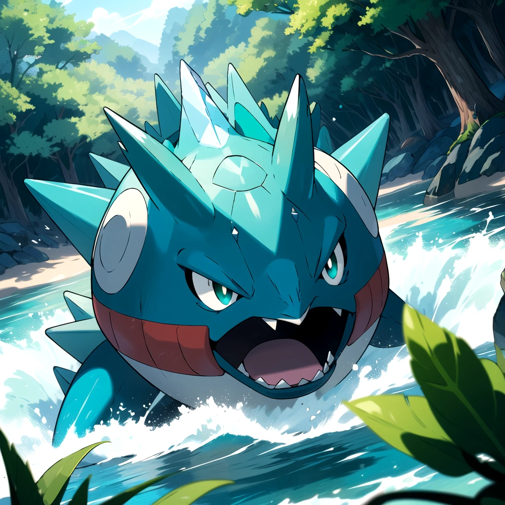 highres, masterpiece, sugimori ken \(style\), pokemon \(creature\), picture of a blue mega pokemon water type pokemon wearing a spiky shell, outside, day, sunny day, solo, natural lake, crystal clear water, fang, bursting water, glowing green aqua eyes, big pokemon, angry