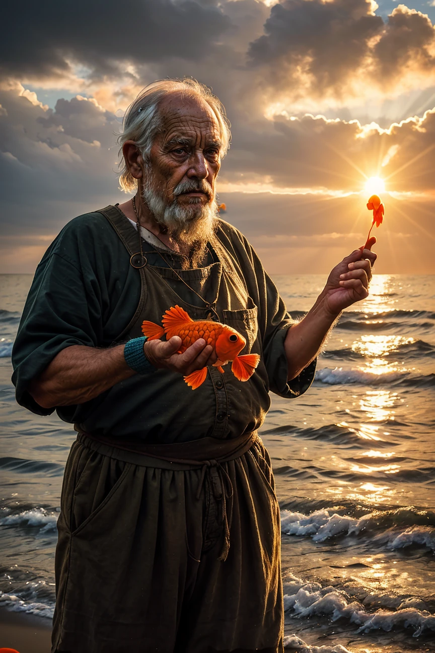 photo RAW,(close-up old peasant grandfather stands on the ocean shore and (holds a one goldfish in his hand near his face)), masterpiece, award winning photography, lighting, perfect composition, high detail, hyper realistic,dramatic lighting, epic