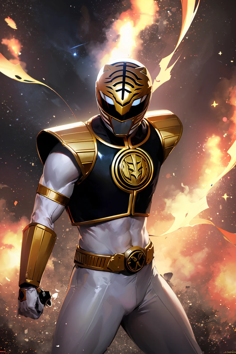 ((masterpiece,best quality)), absurdres,
<lora:White_Ranger:0.7>, White_Ranger, solo, black breastplate, tokusatsu, detailed helmet and armor, 
stars and space in background, cinematic composition, dynamic pose,