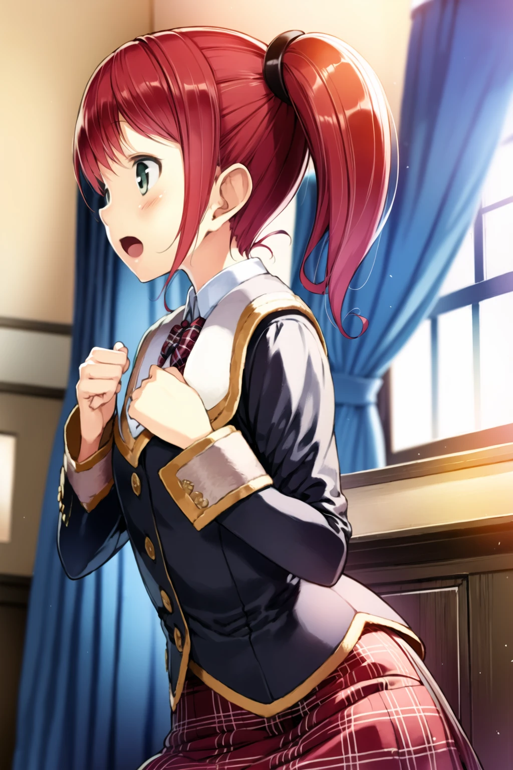 ((masterpiece, high quality, best quality)),
1girl, red hair, plaid skirt, dutch angle, school uniform, plaid, blush, short hair, indoors, hands on own chest, curtains, bed, half-closed eyes, one side up, blazer, side ponytail, jacket, open mouth, long sleeves, green eyes, necktie,
<lora:ueda-style_v1.0:1.0>