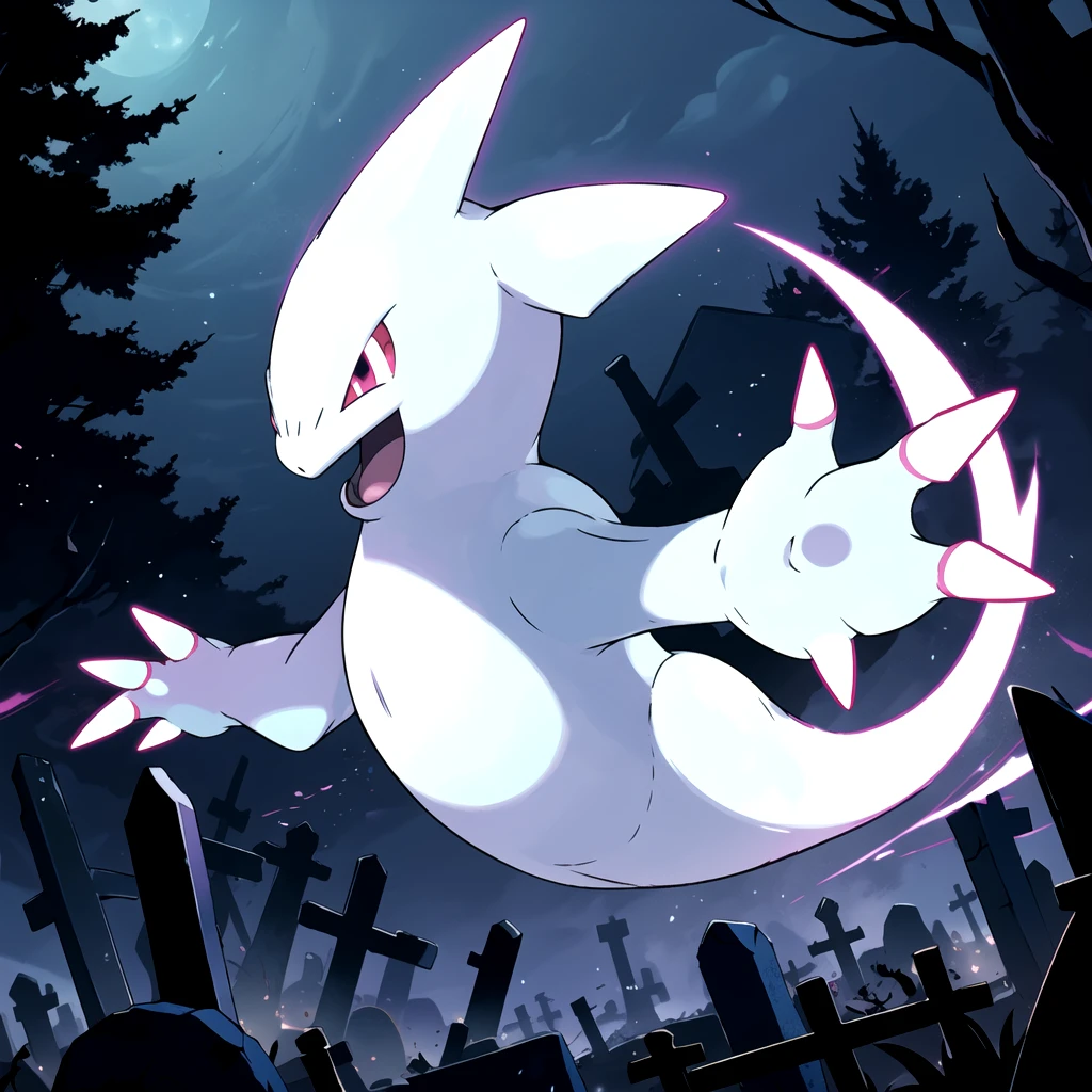 highres, masterpiece, sugimori ken \(style\), pokemon \(creature\), picture of floating ghost type pokemon in a graveyard, glowing eyes, claws, solo, side view, open arms