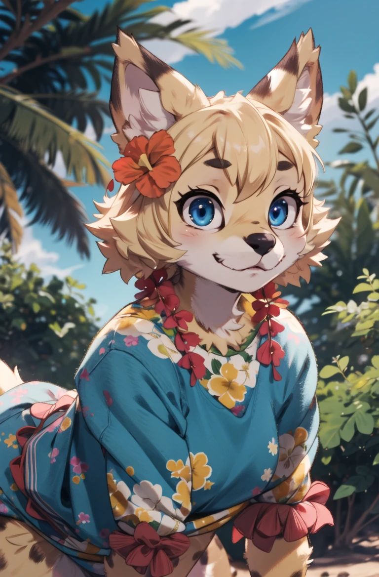 masterpiece, best quality,hdr,8k,1girl,furry female,forest,(outline:1.2)
solo,high detail fur,cinema angle,8K,game CG,blue sky,hawaii hula skirt,garland
perfect lighting,servalcat,looking at viewer,blonde
<hypernet:furry_kemono:0.3><lora:servalcat:0.7> <lora:EnvyBeautyMix25:0.5> <lora:3DMM_V7:0.3>