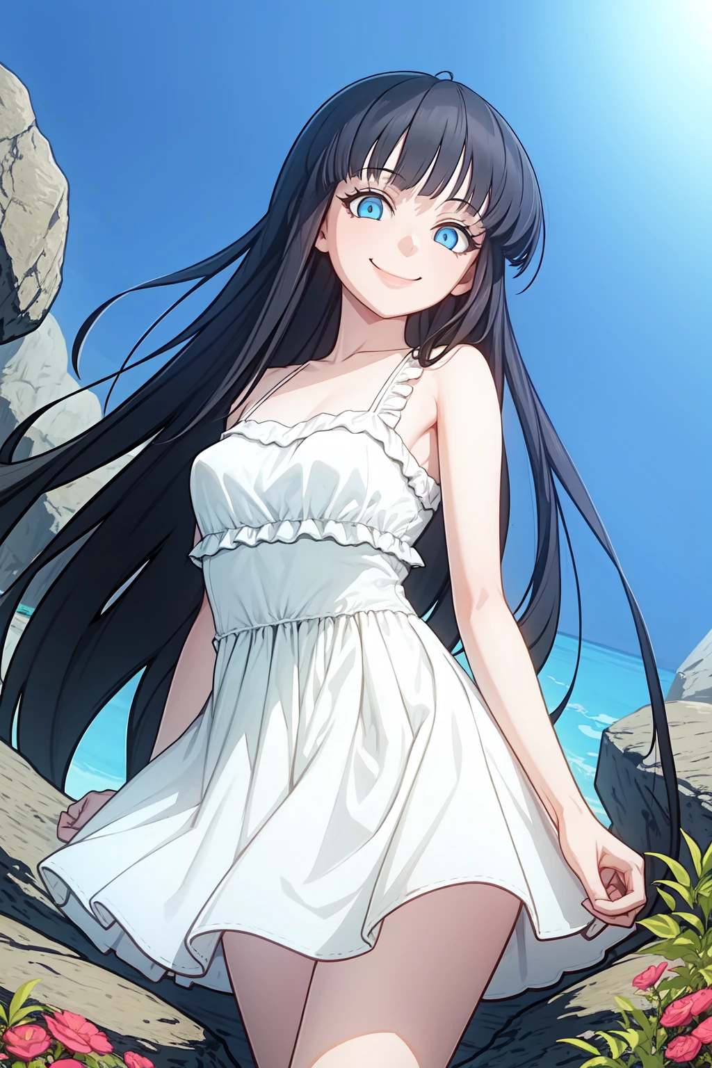 1girl, solo, upper body, standing,
black hair, long hair,
blue eyes, looking at viewer,
smile,
medium breasts, 
white dress, sundress,
outdoors, nature, flowers, plants, rocks,
 <lora:shobon:1>