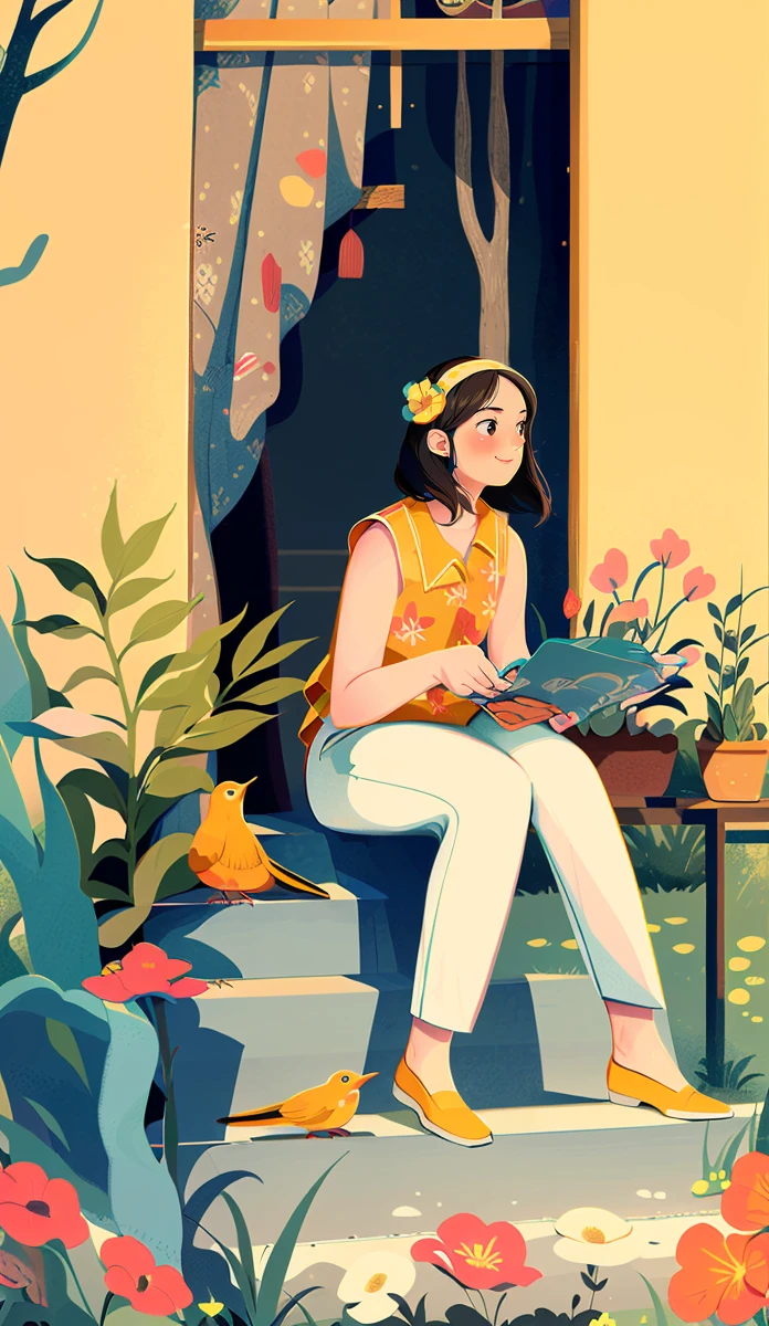 1 girl, solo, stairs, long hair, brown hair, plant, shirt, bird, sleeveless shirt, yellow footwear, sleeveless, sitting, white trousers, skirt, flower, smile, white skirt, orange footwear, leaves, black eyes, wide shot, shoe, pink flower, trousers, blush, hairband, yellow shirt, fringes, sitting on stairs, yellow flower, tree, steps, tree shadow, flower<lora:Texture illustration_20230709102900:0.9>