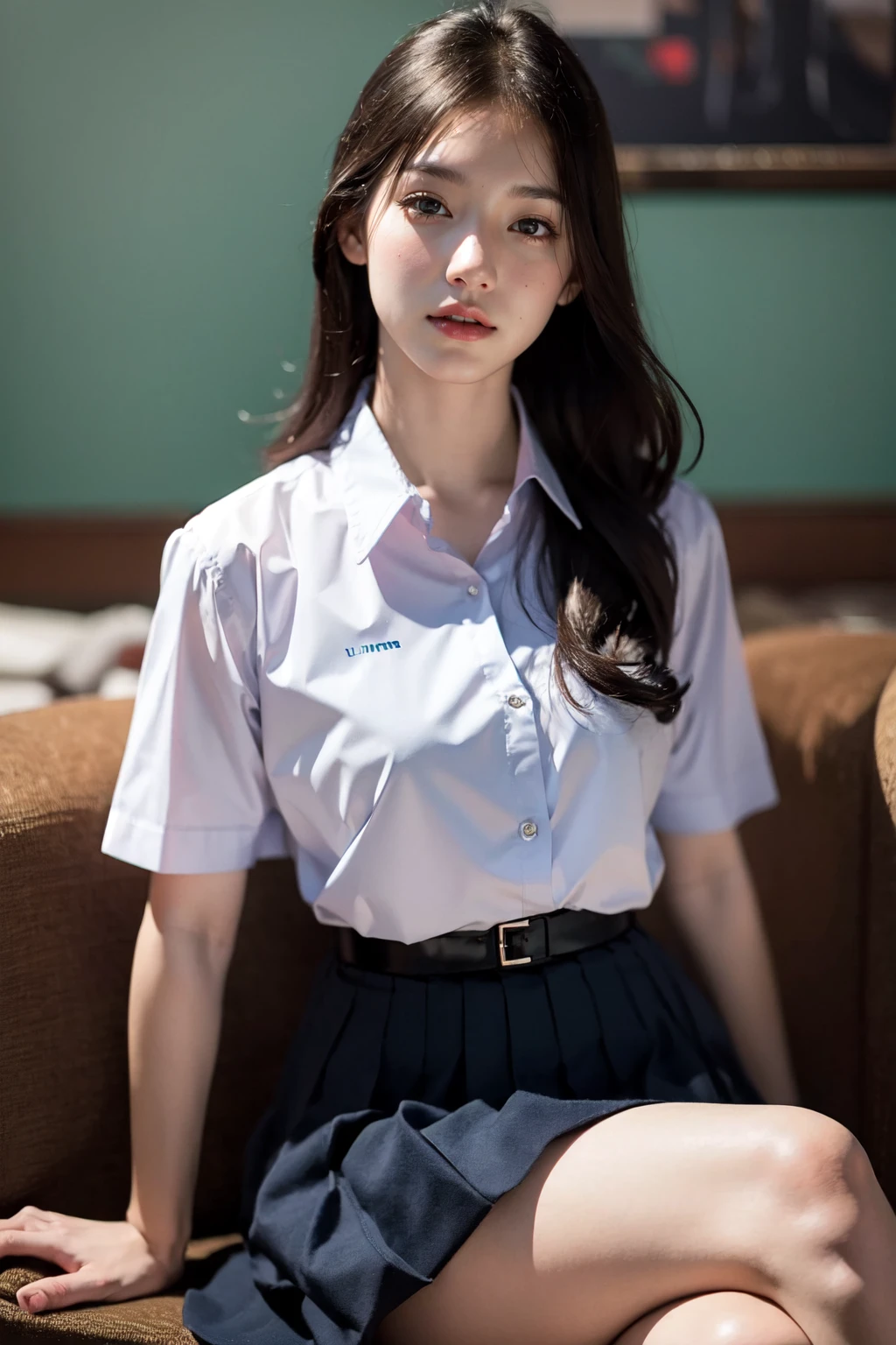 (photorealistic:1.4),Best quality, masterpiece, ultra high res, raw photo,rim lighting,(cowboy shot),livingroom, poster,
1girl,(mathayom uniform),white shirt short sleeves,(black pleated long skirt:1.2),long hair,hair_floating,dramatic scene,sitting on chair
<lora:mathayom22:0.8>