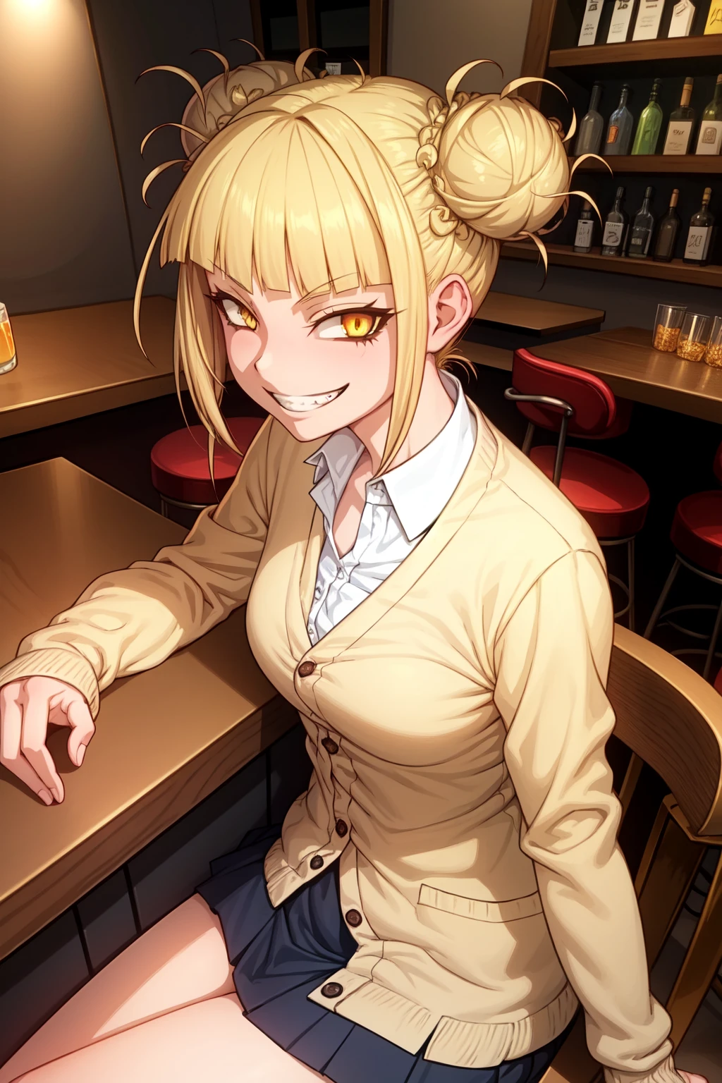 1girl, solo, upper body, togahimiko
blonde hair, double bun, messy hair,
yellow eyes, looking at viewer,
smile, evil grin,
small breasts, 
beige cardigan, skirt,
indoors, bar, sitting on bar stool,
 <lora:shobon:0.8> <lora:himiko-toga-locon:0.7>