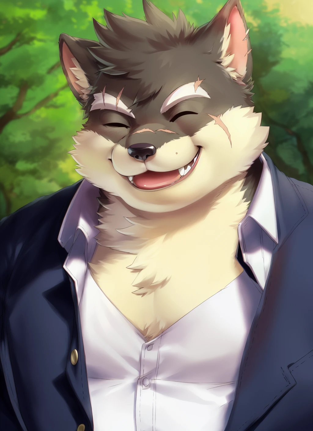 <lora:moritaka-08:0.9>, moritaka, solo, bara, scar, (plump), fat, (pose), (posing), tail, dog tail, (soft shading), 4k, hi res, ((detailed face, detailed eyes, detailed)), (full body), by zackarry911, by zaush, (by personalami:0.5), solo, smile, short hair, open mouth, blue eyes, school uniform, upper body, male focus, one eye closed, fangs, gakuran, scar on nose, fangs out, portait, close-up,