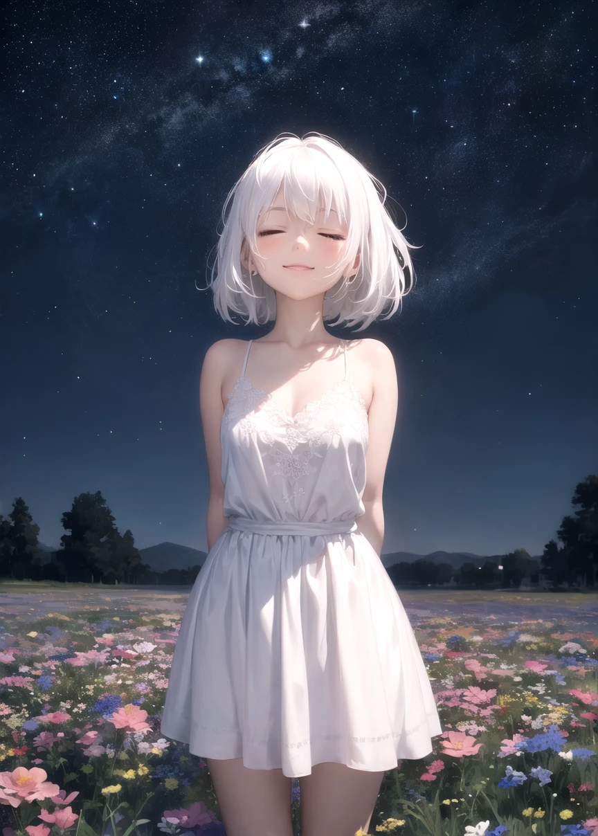 masterpiece, best quality, 1girl, white hair, standing, flower field, arms behind back, night, starry sky, closed eyes, light smile,