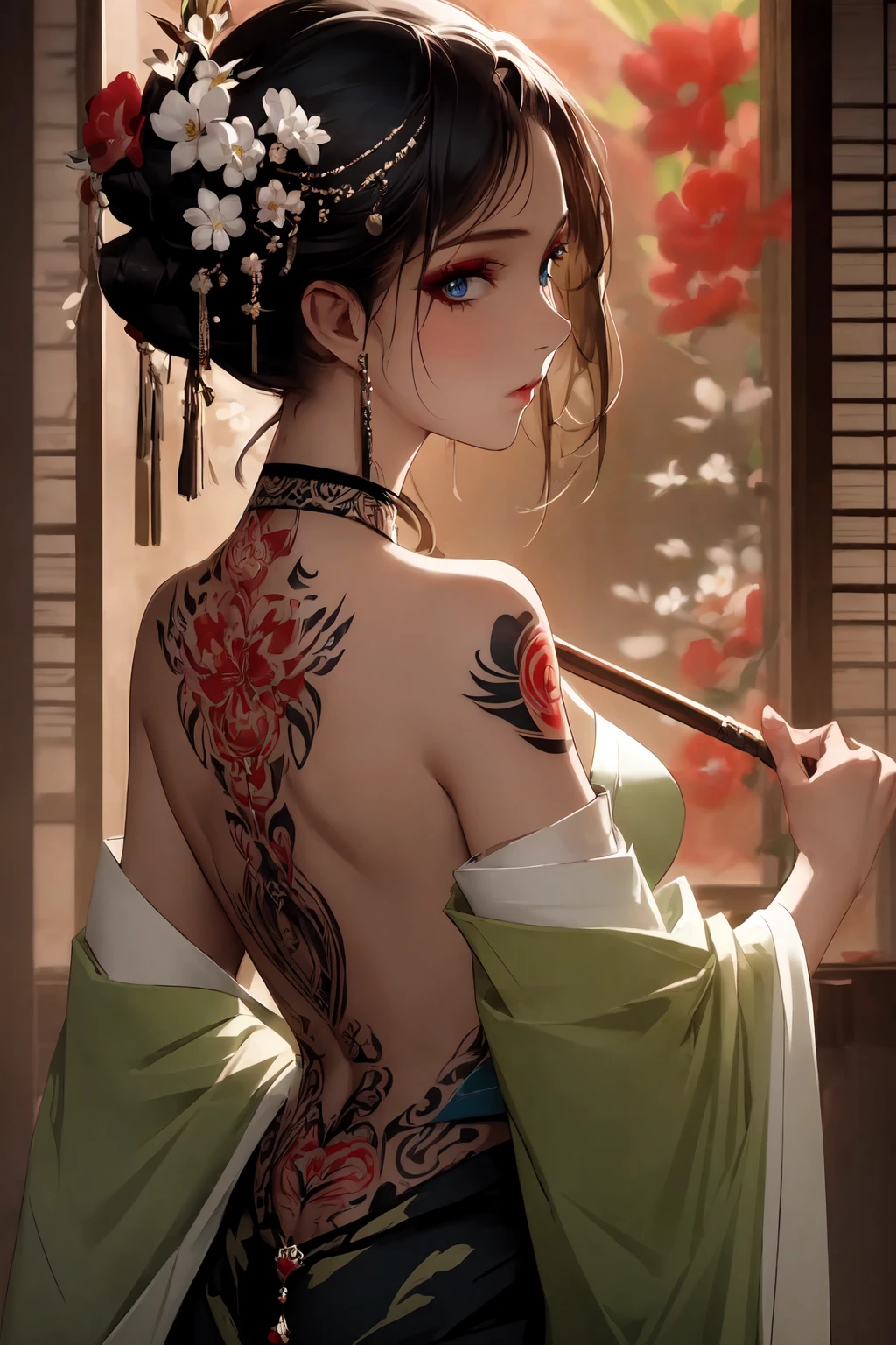 (masterpiece, top quality, best quality, official art, beautiful and aesthetic:1.2),1girl, tattoo, solo, japanese clothes, hair ornament, unsheathing, black hair, sheath, back tattoo, blue eyes, off shoulder, bare shoulders, looking back, from behind, flower, looking at viewer, holding, makeup,
indoor,
