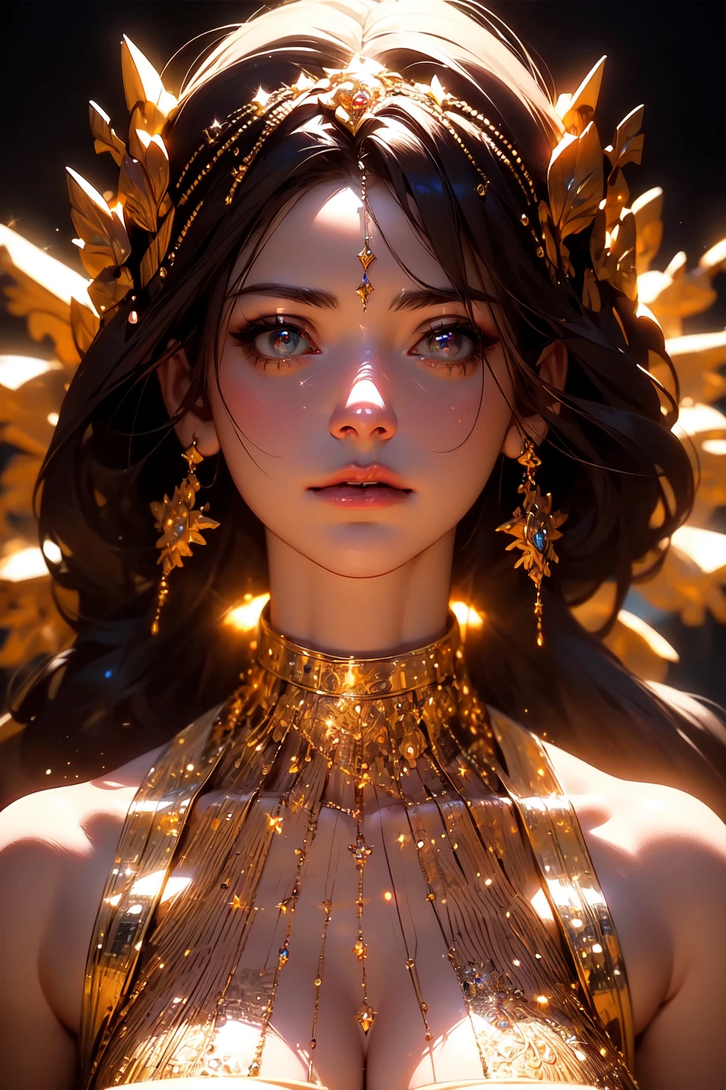 (masterpiece, best quality:1.2), 8k, insane details, intricate details, hyperdetailed, hyper quality, high detail, ultra detailed, professional, HDR, realistic, ray tracing reflection,
1girl, goddess, cinematic lighting, ornate, (glitter, sparkly golden:1.2), ornament, diamond,