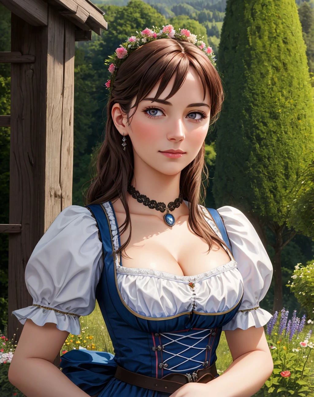 Masterpiece, absurdres, fine detail, HDR, highly detailed face and eyes, photorealistic,  drindl, a woman in traditional bavarian dress poses with her hands behind her back ,german woman, wearing drindl
 <lora:dirndl:0.754>