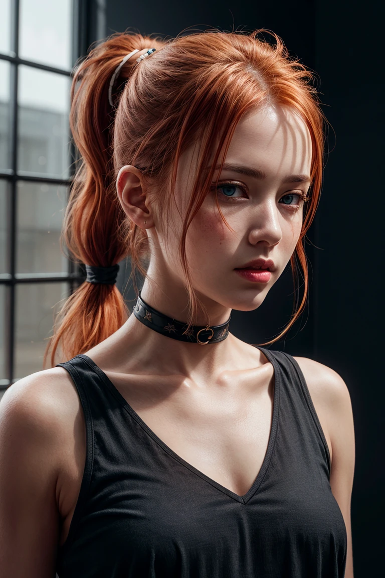 <lora:detailer:1> ,(8k, RAW photo, highest quality),(epic realistic:1.5), a girl, dynamic posture,erotic face,(see-through:0.4) black shirt,choker,(detailed eyes:0.8),(looking at the camera:1.4), (highest quality), (best shadow),intricate details,cinematic,((skin:1.4)),interior, (long ponytail ginger hair:1.3),dark studio,(hdr:1.5),detailed, muted colors, (freckles:0.6)