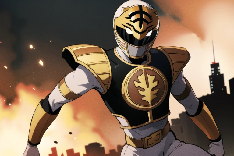 ((masterpiece,best quality)), absurdres,
<lora:White_Ranger:0.7>, White_Ranger, solo, black breastplate, detailed helmet and armor,
city and explosions in background, cinematic composition, dynamic pose,