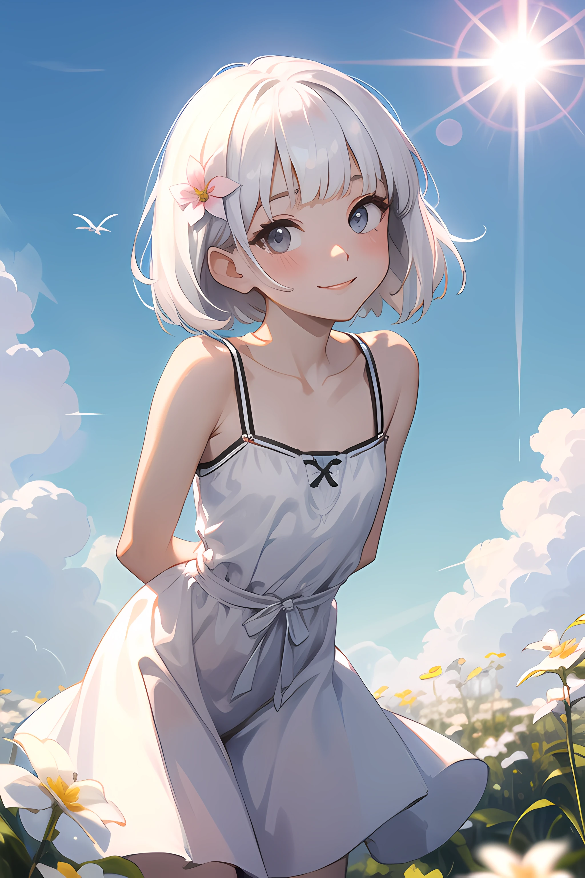 (masterpiece), best quality, highres, ultra-detailed, 1girl, white hair, grey eyes, short straight hair, blunt bangs, flat chest, narrow waist, petite, pale skin, portrait, looking at viewer, leaning forward, arms behind back, flower field, summer, blue sky, sunlight, blush, smile, sundress,