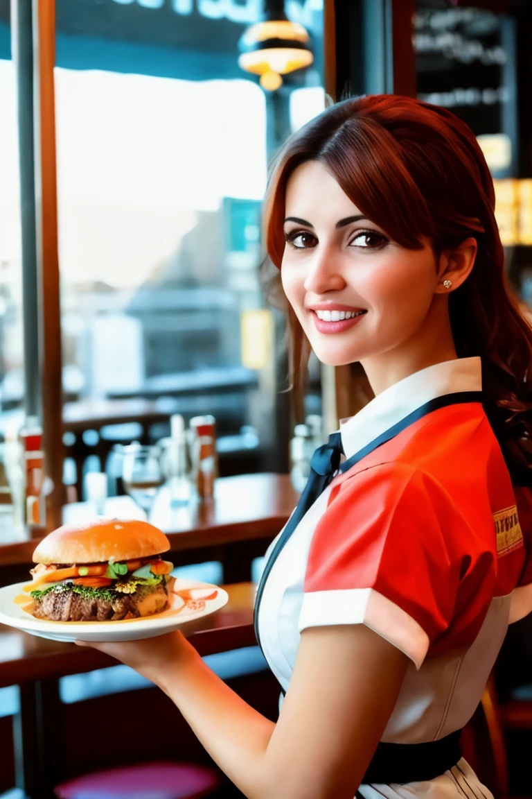 A stunning intricate full color portrait of  a woman,wearing a waitress outfit, in a restaurant, having fun, epic character composition,by ilya kuvshinov, alessio albi, nina masic,sharp focus, natural lighting, subsurface scattering, f2, 35mm, film grain , portait, very detailed skin texture <lora:Natash:1>