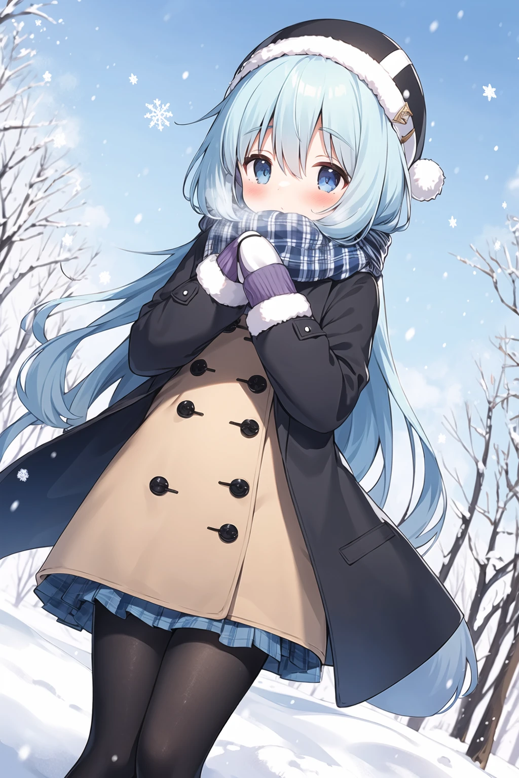 1girl, solo, scarf, skirt, pantyhose, hat, long hair, plaid, coat, plaid scarf, outdoors, eyebrows visible through hair, looking at viewer, pleated skirt, blush, mittens, bangs, beanie, long sleeves, black legwear, snowing, dutch angle, boots, tree, purple skirt, fringe trim, blue eyes, holding, snow, standing, blue hair, winter clothes, sleeves past wrists, covered mouth, white mittens, winter, white headwear, bare tree, brown coat,mist,heavy breathing,