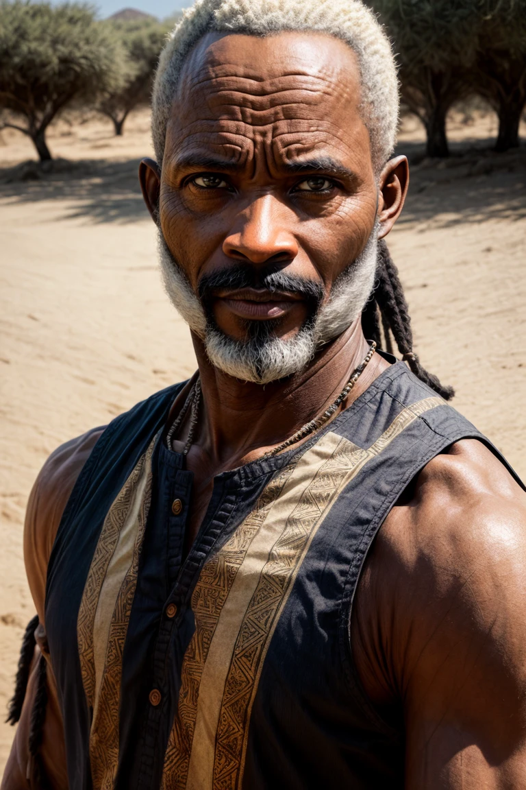 RAW analog 3/4 photo portrait of ((African 40yo warrior man:1.3)), athletic, namibian traditional hairdo, tunic, Photorealistic, Hyperrealistic, Hyperdetailed, detailed skin, skin, dusty sand, soft lighting, subsurface scattering, realistic, heavy shadow, masterpiece, best quality, ultra realistic, 8k, golden ratio, Intricate, High Detail, film photography, soft focus, rimlight <lora:more_details:1> <lora:entropy-alpha:0.07> natural vivid dress, printed batik