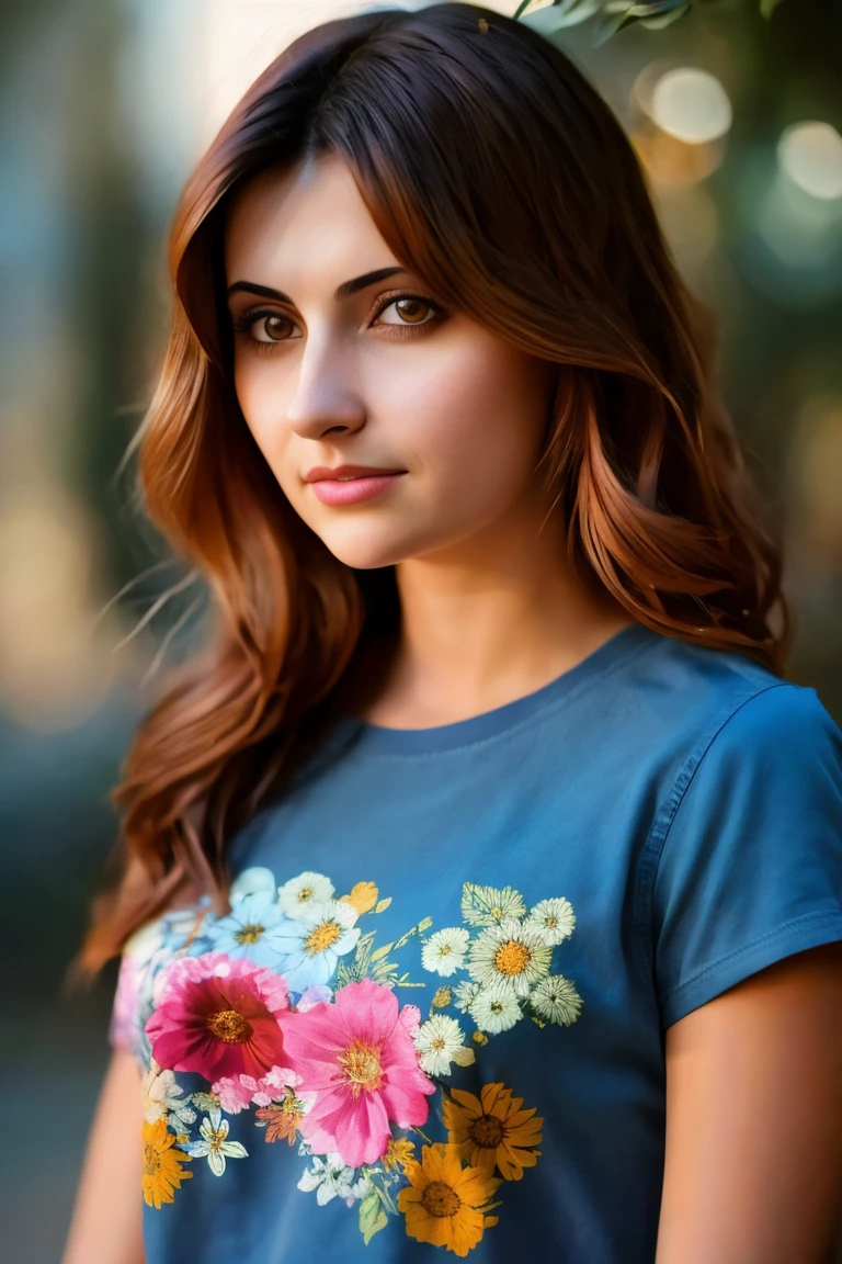 A stunning intricate full color portrait of  a woman,wearing a jeans and floral t-shirt, happy, epic character composition,by ilya kuvshinov, alessio albi, nina masic,sharp focus, natural lighting, subsurface scattering, f2, 35mm, film grain , portait, very detailed skin texture <lora:Natash:1>