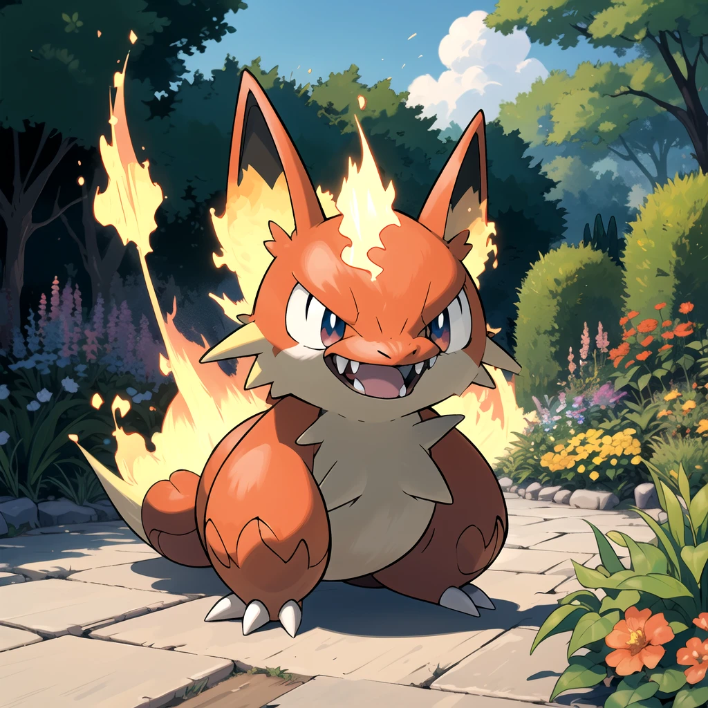 highres, masterpiece, sugimori ken \(style\), pokemon \(creature\), picture of fire type pokemon in a garden, cute, little fangs