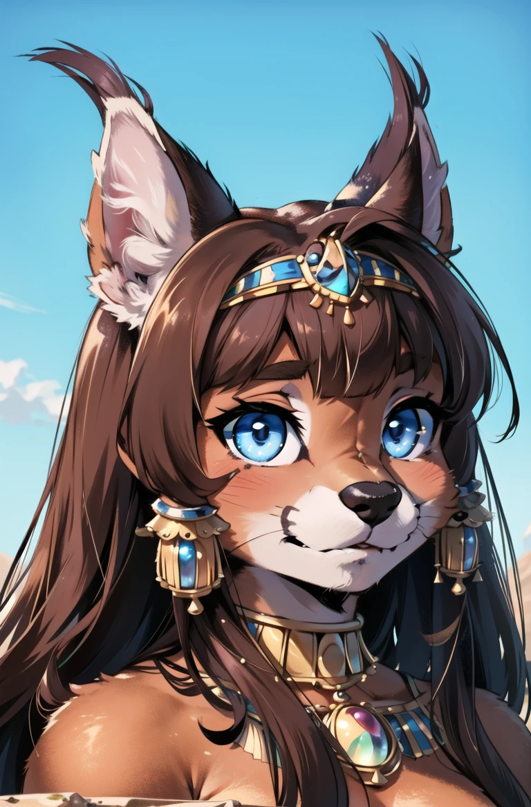 masterpiece, best quality,hdr,8k,(furry girl:1.2),furry female,caracal,ningmao,desrt,(outline:1.1),blue sky,Nile river,holding snake wand
solo,(high detail fur:1.2),dynamic angle,8K,game CG,(Cleopatra:1.2),looking at viewer, brown hair,cowboy shot,portrait
<hypernet:furry_kemono:0.2><lora:Caracal:0.7><lora:EnvyBeautyMix25:0.5>