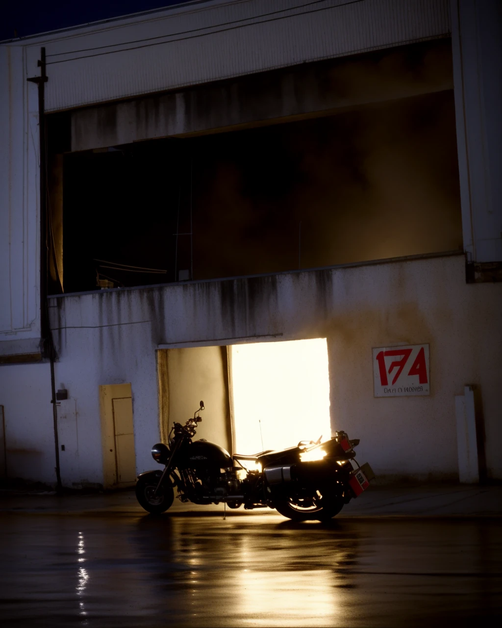 a motorcycle parked in front of a building at night ,  high quality, high textured, real life, aggressive look, reflections, atmospheric ,