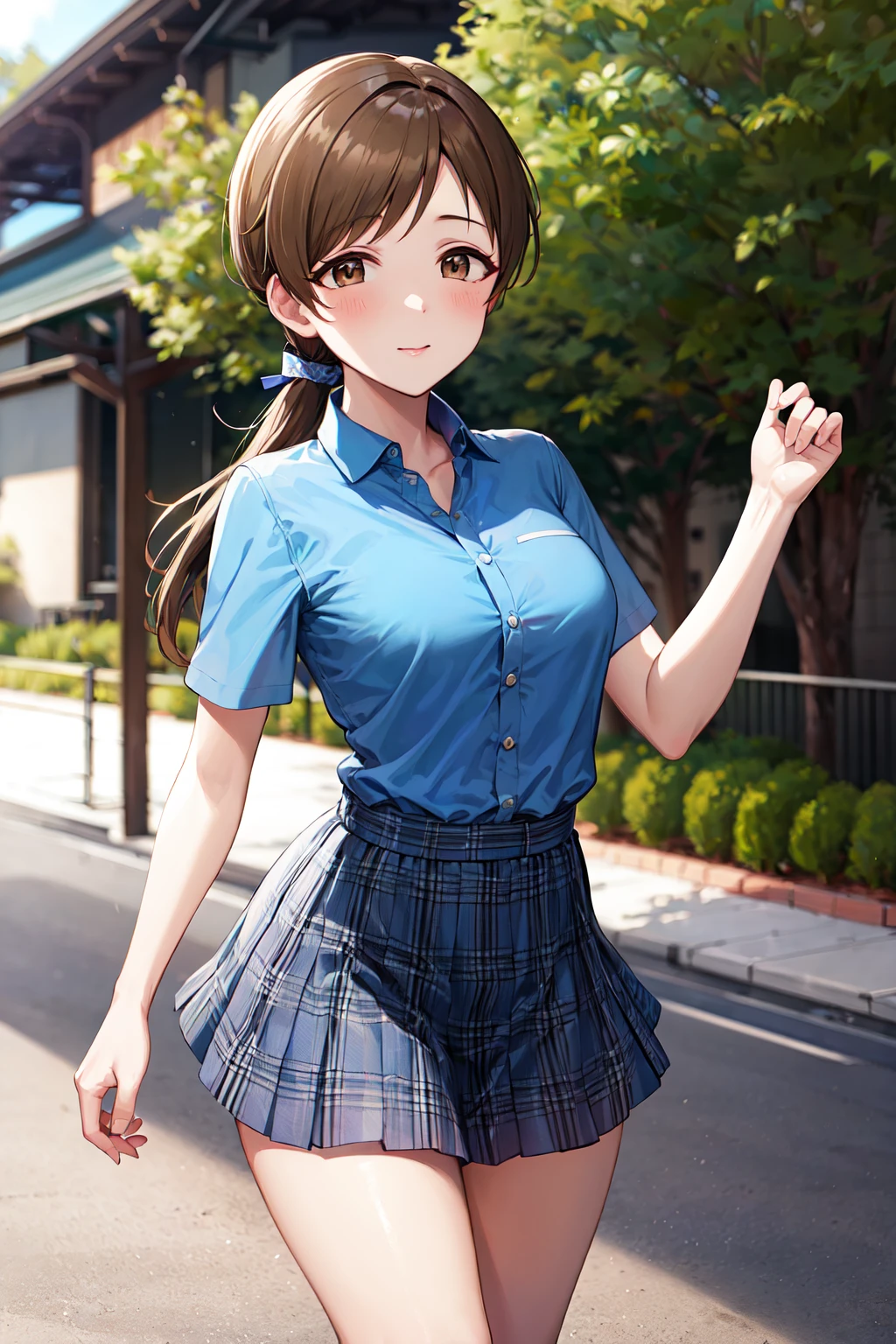 masterpiece, best quality, highres, aanitta, very long hair, long hair, low ponytail, medium breasts, blue shirt, short sleeves, collared shirt, plaid skirt, miniskirt, idolmaster, <lora:nitta_minami_v1:0.7>, standing, cowboy shot, outdoors,