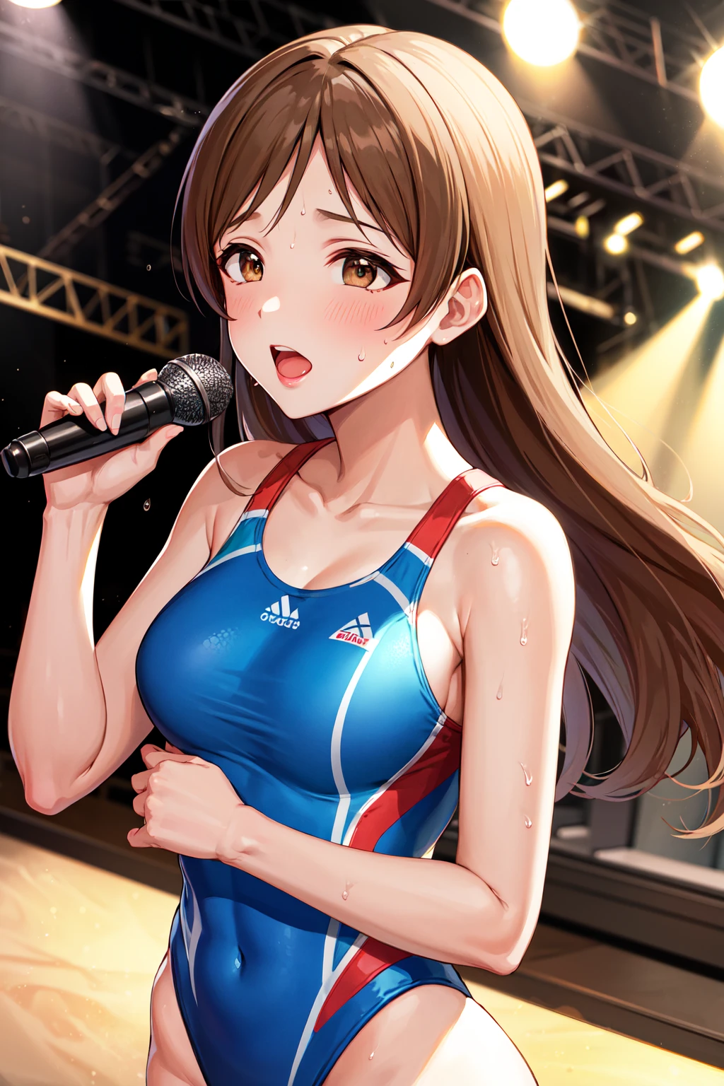 masterpiece, best quality, highres, aaanitta, long hair, medium breasts, blue one-piece swimsuit, competition swimsuit, collarbone, idolmaster, <lora:nitta_minami_v1:0.7>, stage, sweat, holding microphone, open mouth,