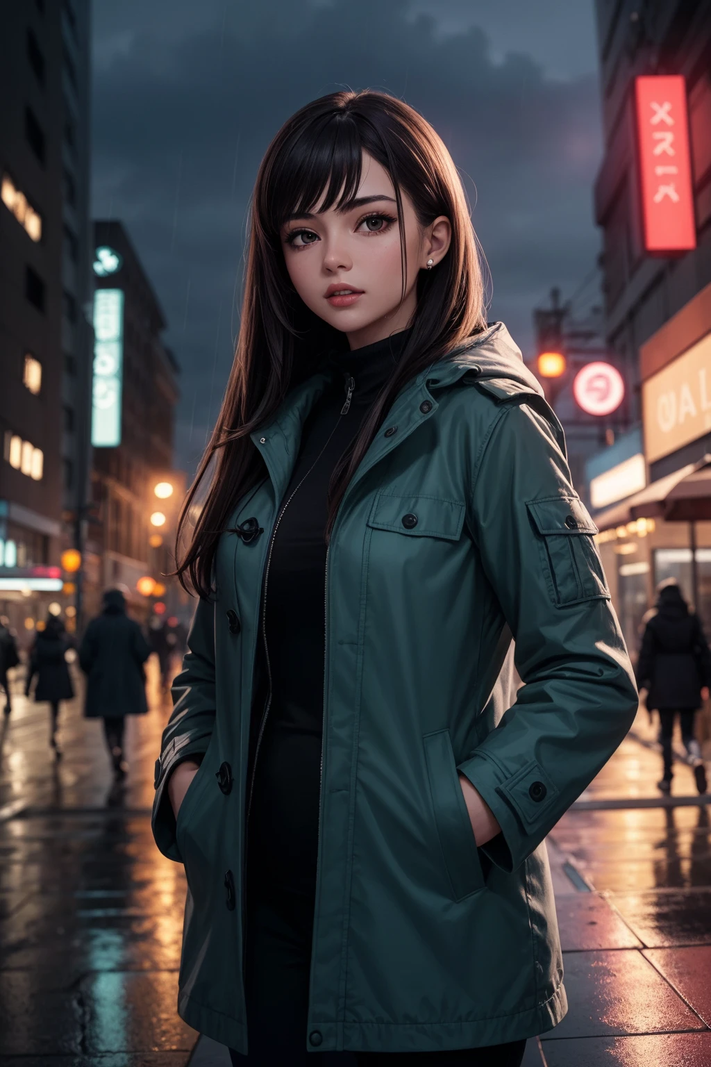 1girl,night city,rain,coat,hands in pockets, photoshoot, highly detailed, hyper realistic, super detailed,