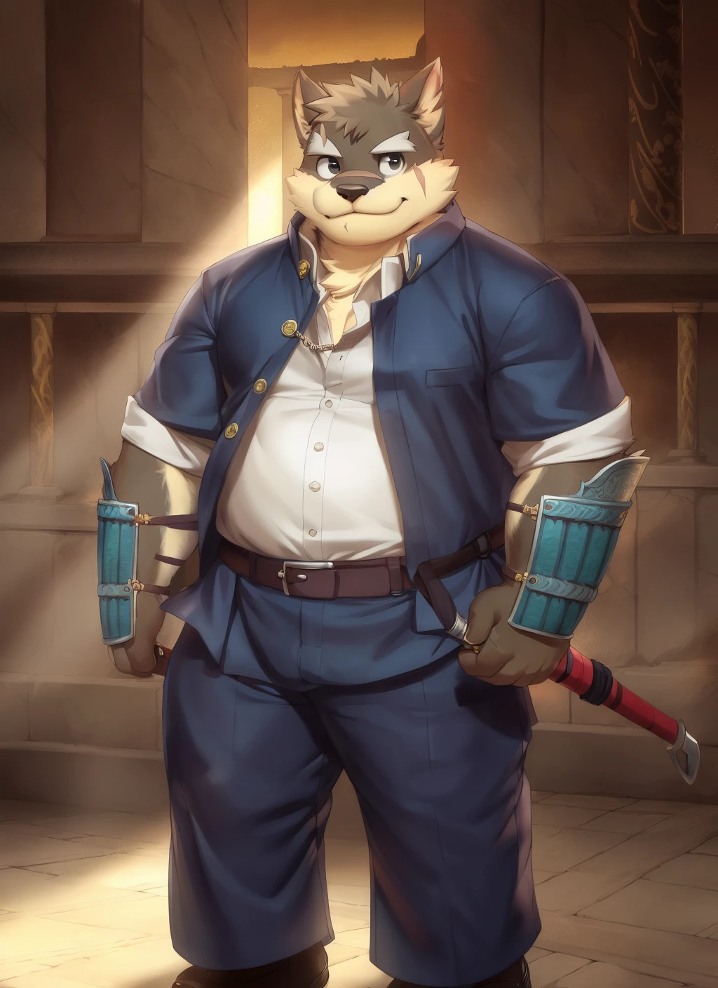 <lora:moritaka-08:0.9>, moritaka, solo, bara, (plump), fat, (pose), (posing)(soft shading), 4k, hi res, ((detailed face, detailed eyes, detailed)), (full body), by zackarry911, by zaush, (by personalami:0.5), solo, looking at viewer, smile, shirt, 1boy, holding, school uniform, weapon, male focus, thighs, holding weapon, armor, fangs, temple, dojo, gakuran, japanese armor, kote
