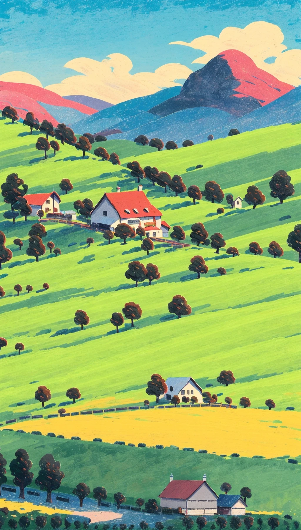 spring,Alps, chalets, sheep, blue sky, white clouds, meadows, trees, many flowers, distant mountains,There is a castle in the distance, tranquillity, shepherd boys, rocks
<lora:Texture illustration_20230709102900:0.85>